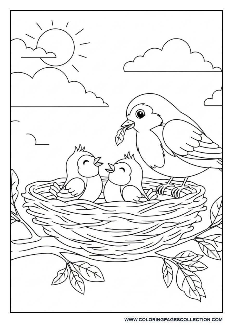 Robin Feeding Baby Birds in a Nest