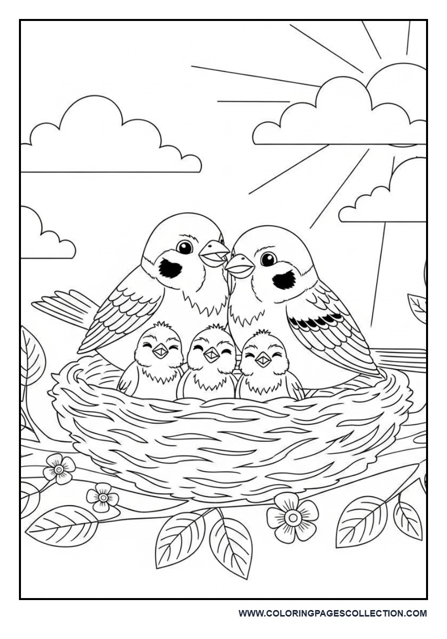 Sparrow Family in a Nest