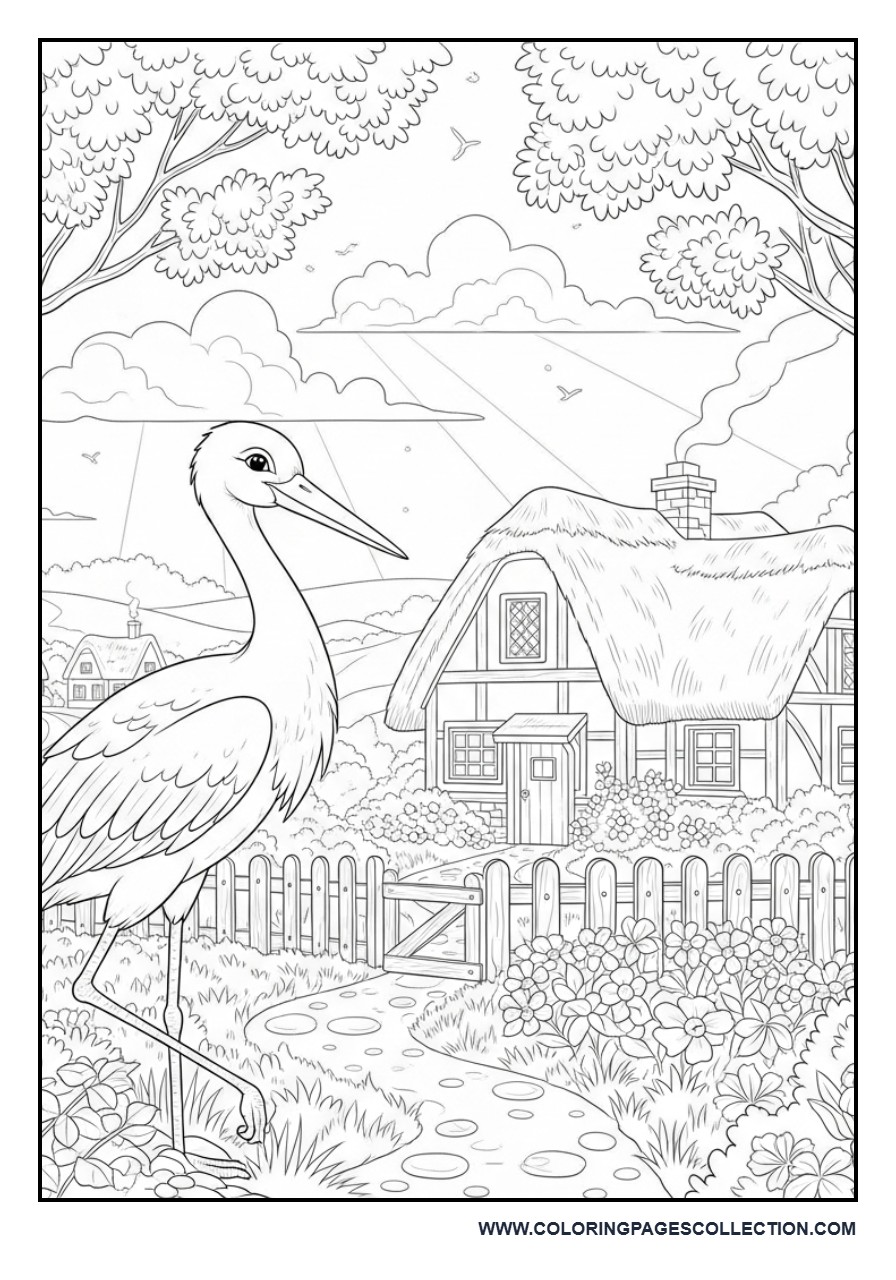 Stork Visiting a Peaceful Village