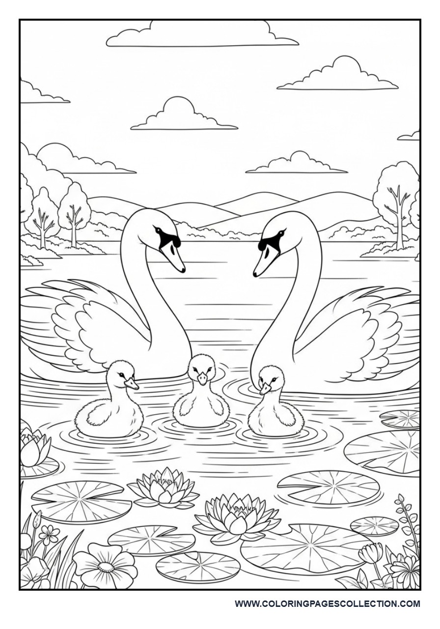 Swan Family Swimming Peacefully