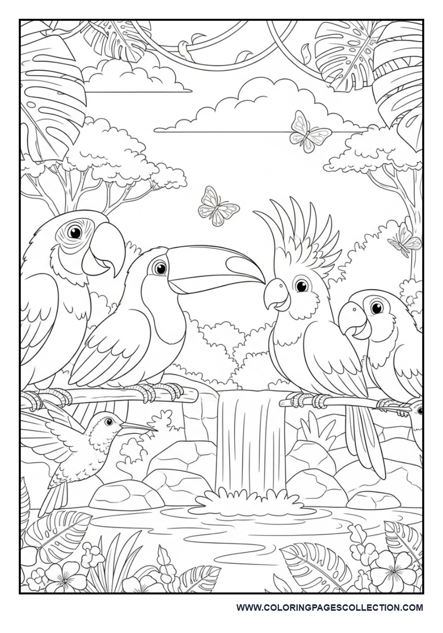 Tropical Birds Around a Waterfall