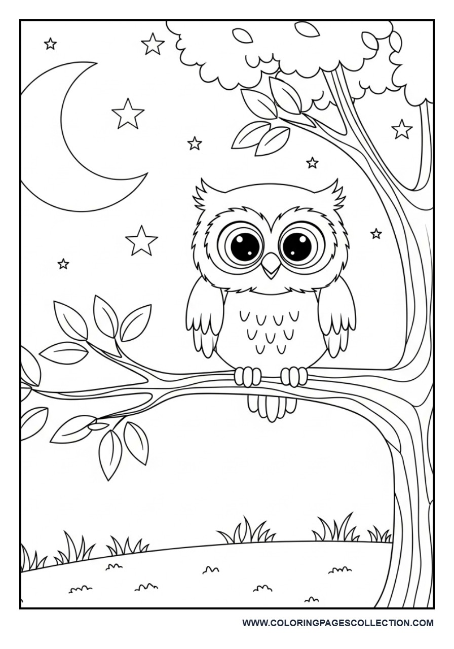 Wise Owl Sitting on a Tree Branch at Night