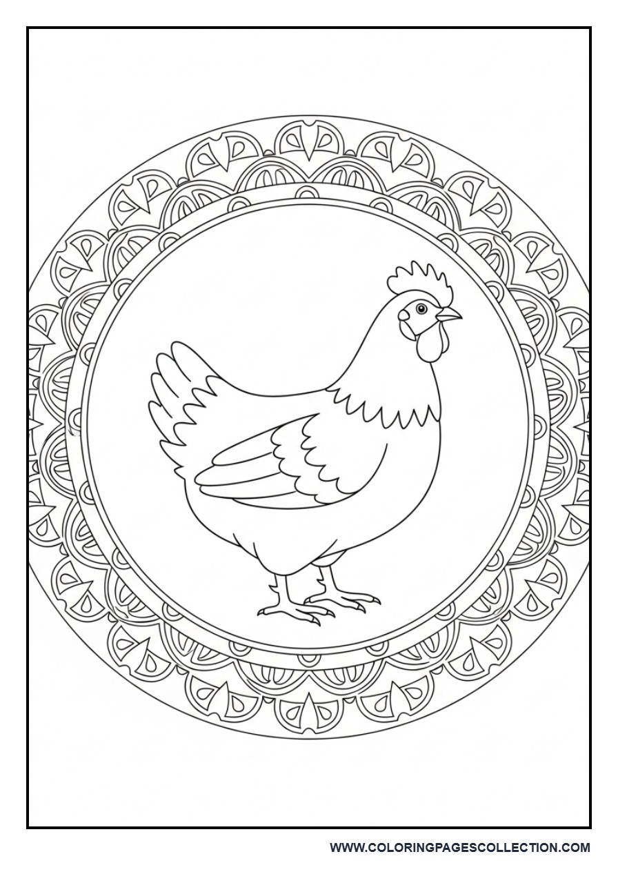 Chicken in Circular Mandala Frame