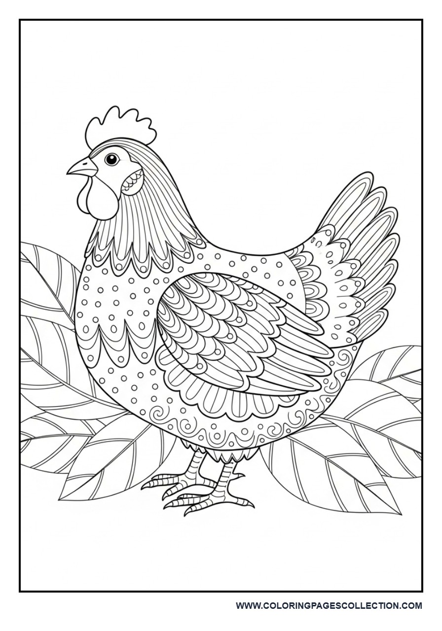 Patterned Chicken with Leaves Background