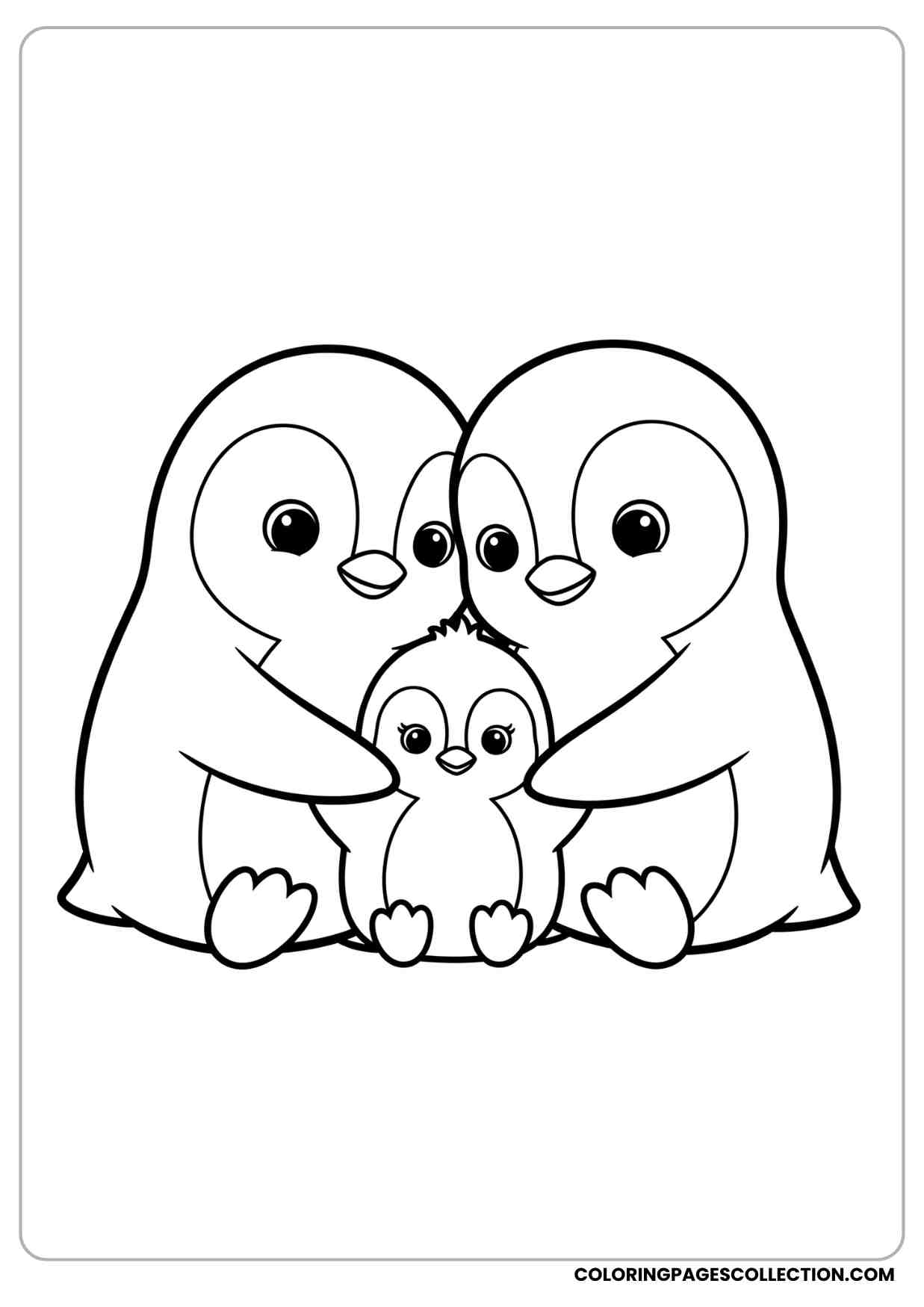 Penguin family coloring page with two parent penguins cuddling a baby penguin cute bold