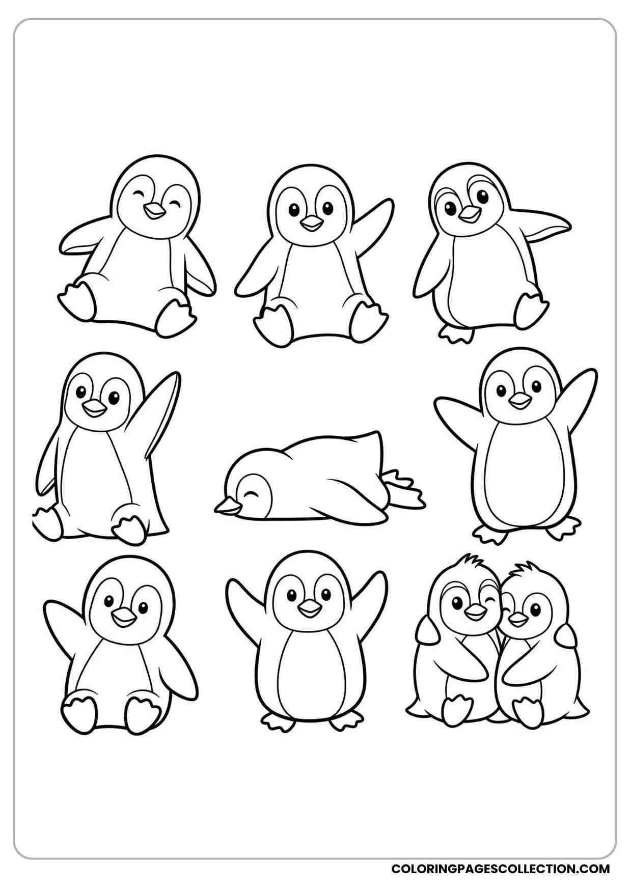 Printable penguin coloring sheet with multiple penguins in different poses