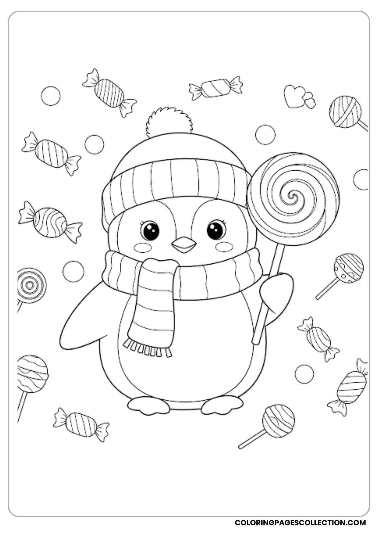 A cute cartoon penguin wearing a winter hat and scarf holding a large lollipop The background is filled with scattered candies and lollipops