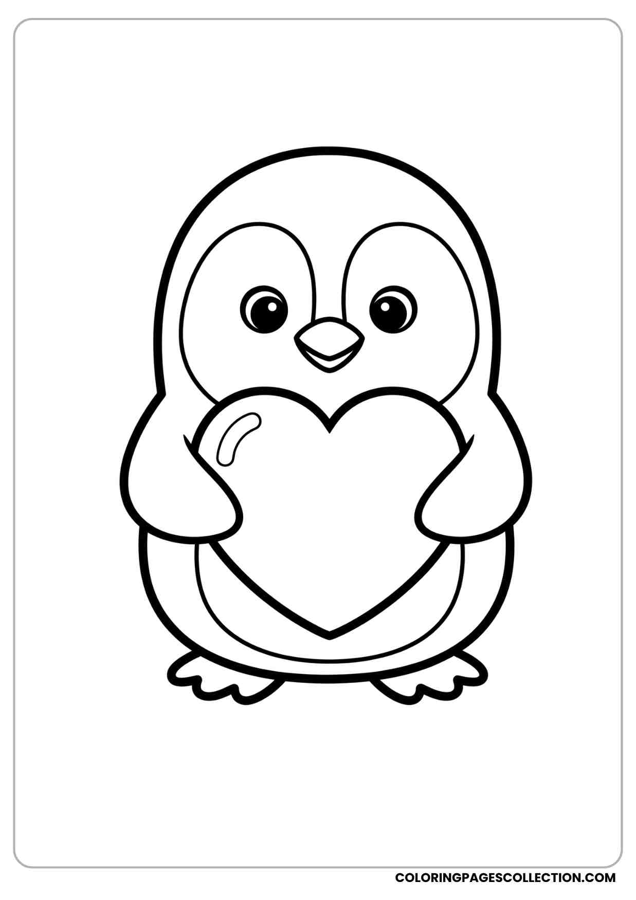 Cartoon penguin coloring page holding a big heart smiling cute face