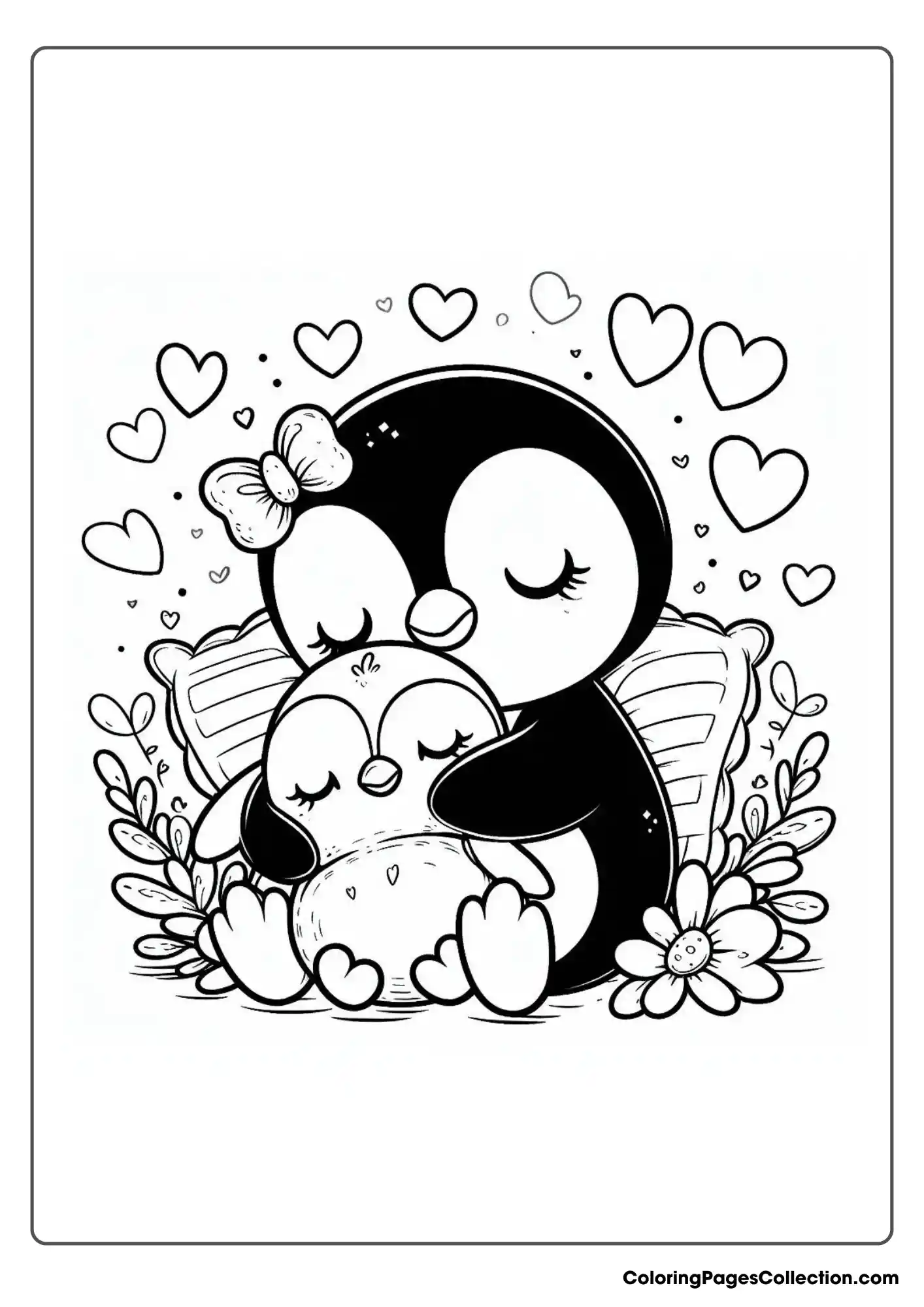 A penguin snuggling with another penguin