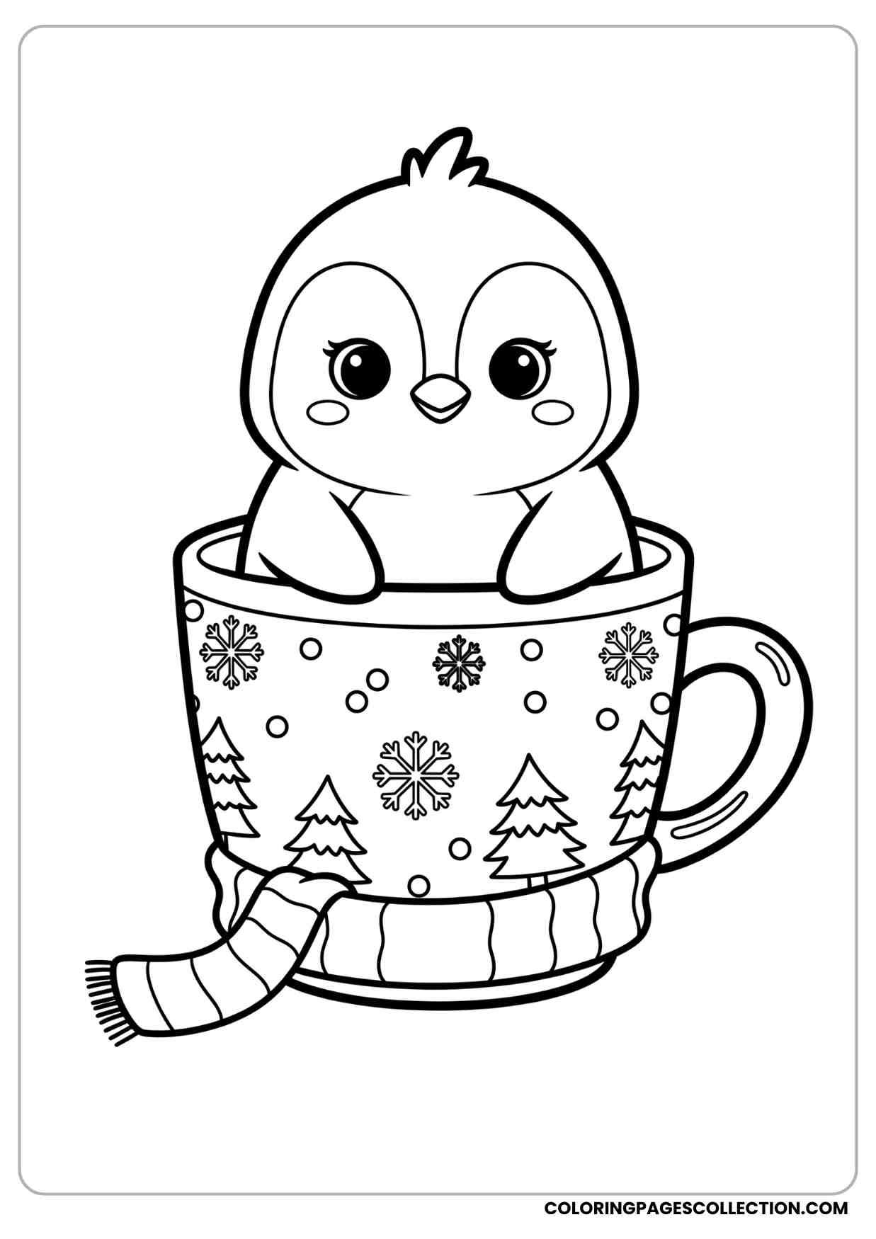 Penguin coloring page sitting inside a decorated mug winter theme