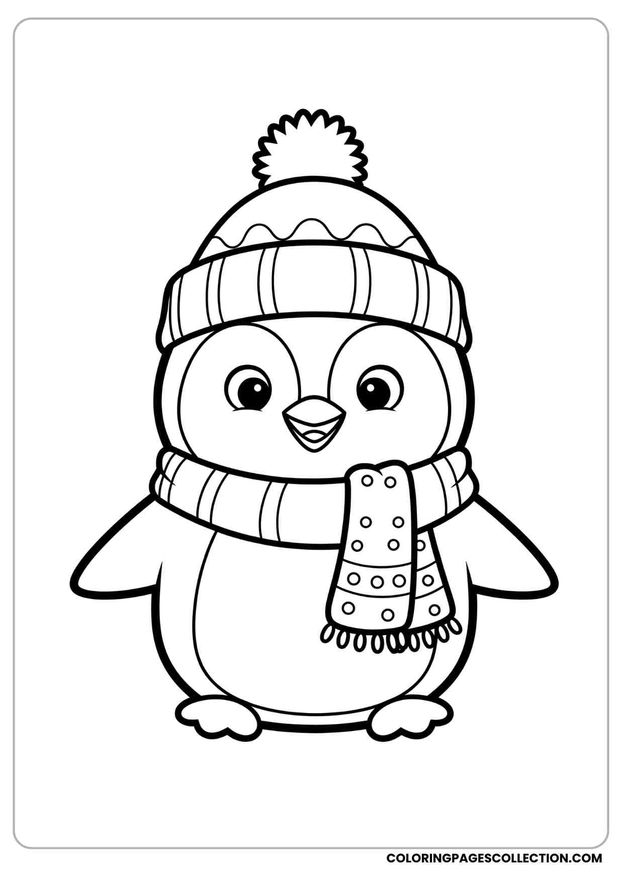 Penguin coloring page with winter hat and scarf happy face