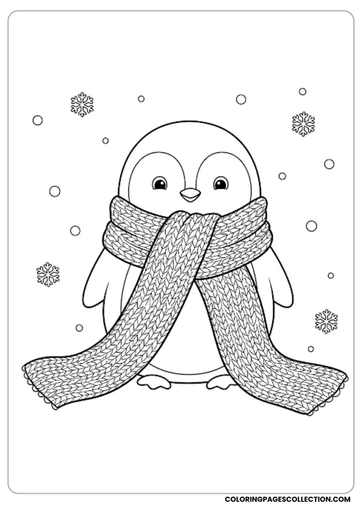 Penguin coloring page wrapped in long knitted scarf cozy winter theme cute cartoon design