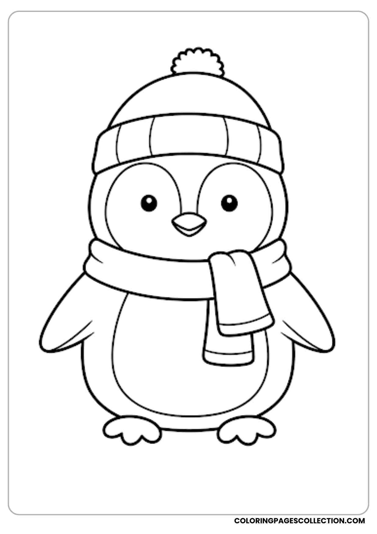 Adorable penguin standing upright wearing a cozy winter hat and scarf simple