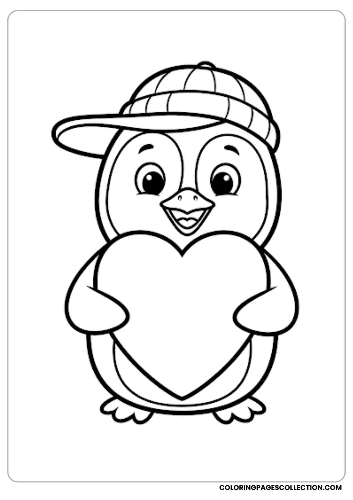 Cartoon penguin holding a big heart with both flippers big round eyes smiling expression