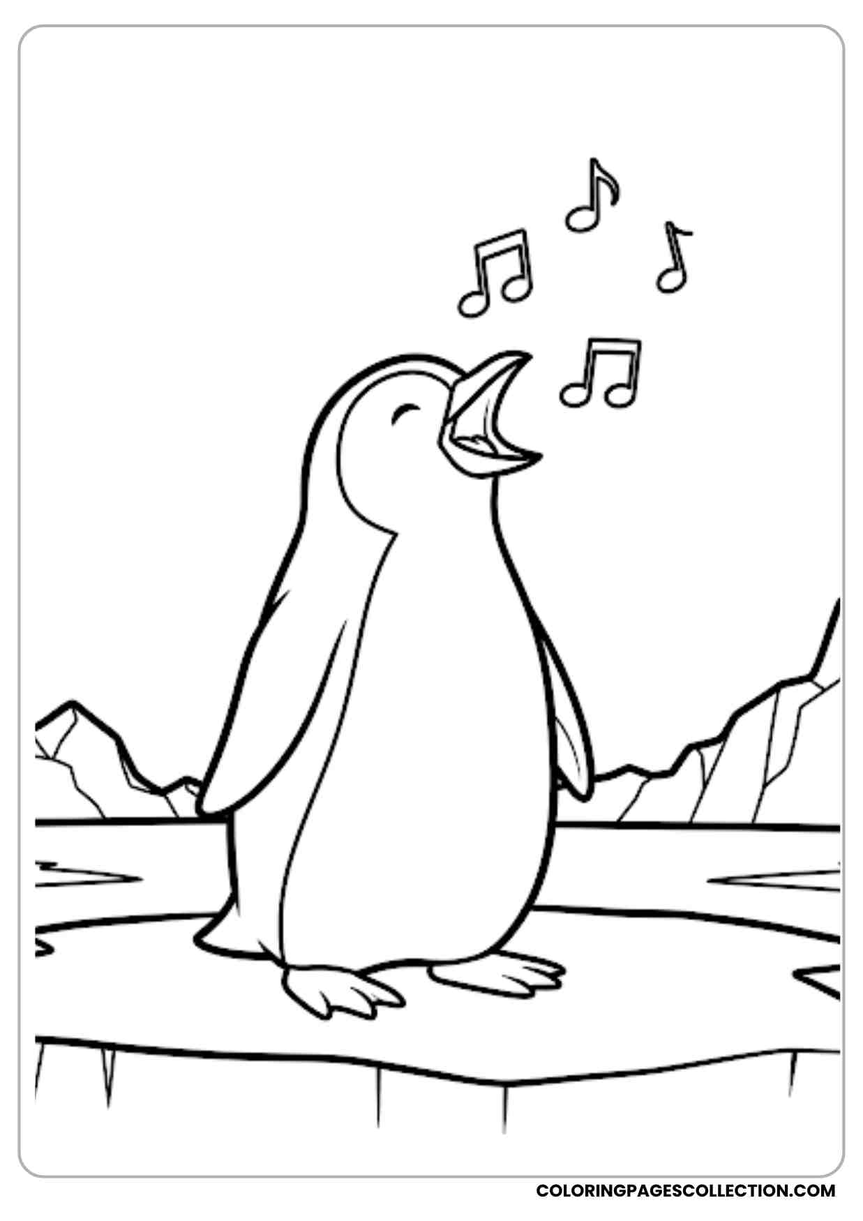 Cartoon penguin singing with music notes around standing on ice