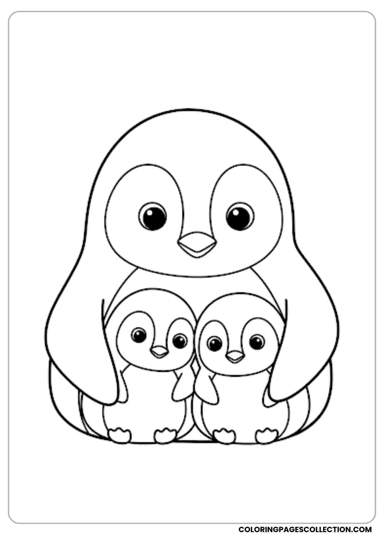 Mother penguin with two baby penguins cuddling close simple cute outlines big eyes