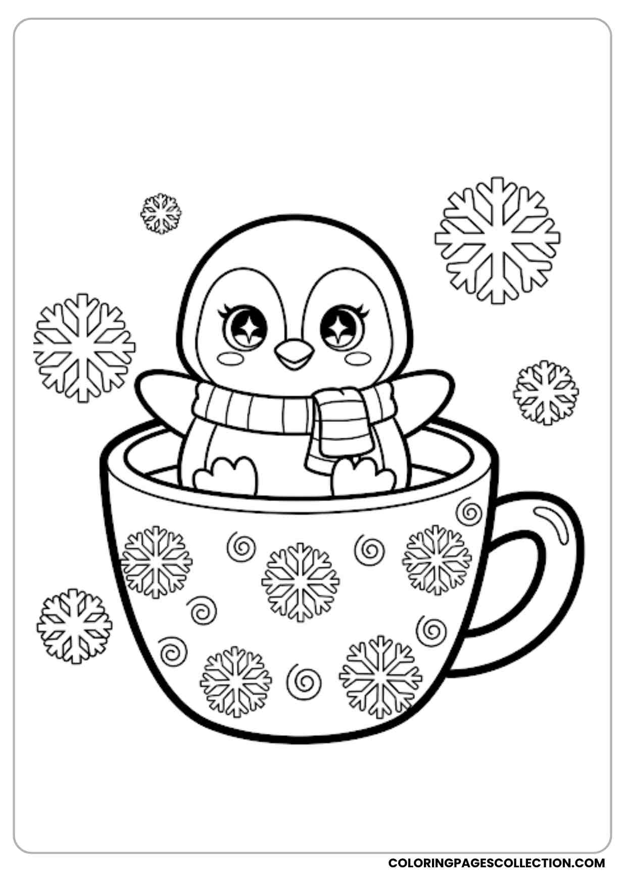 Kawaii penguin sitting inside a big coffee mug with snowflakes design