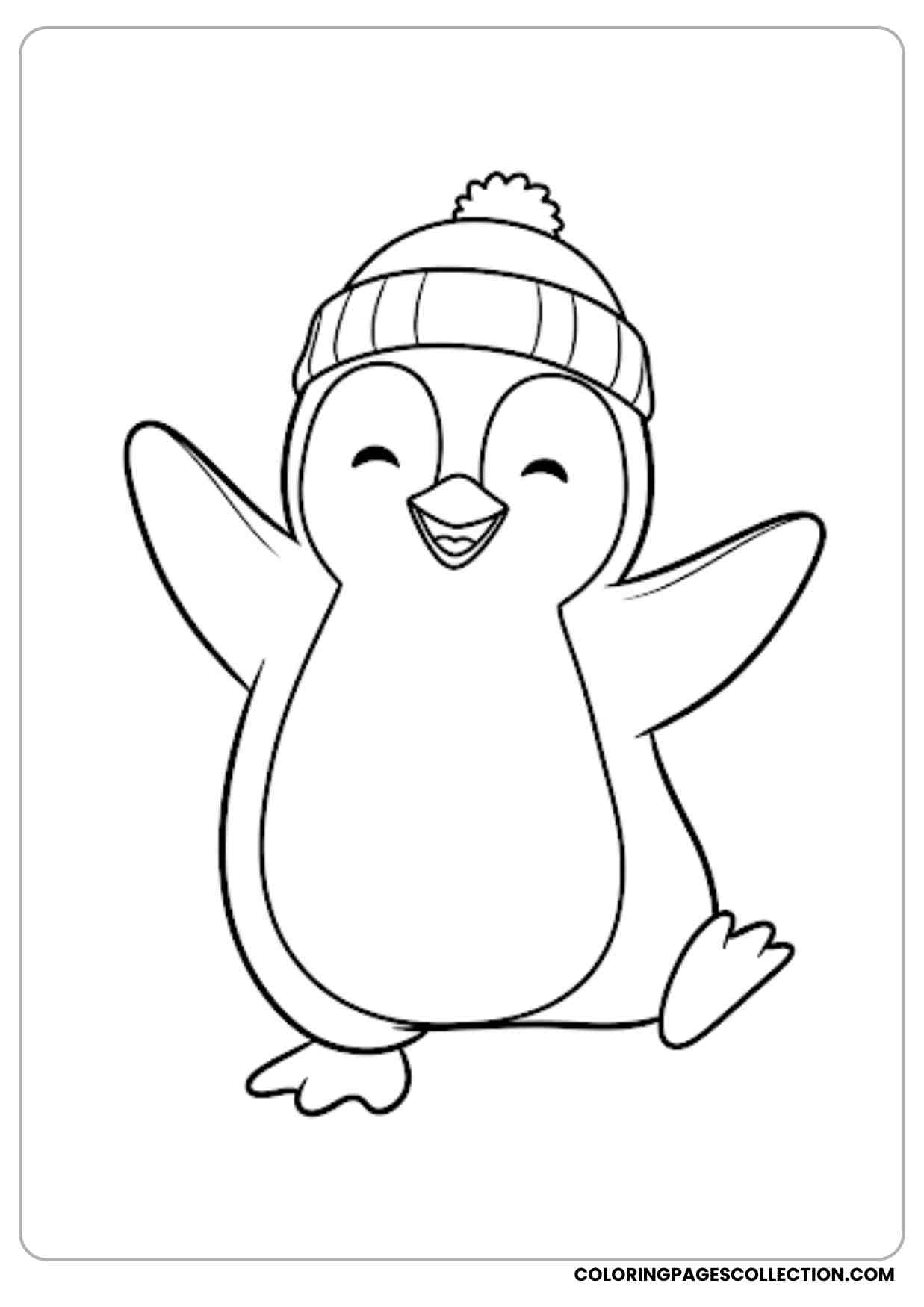 Happy penguin dancing with flippers raised wearing a beanie cheerful smile outlined drawing with