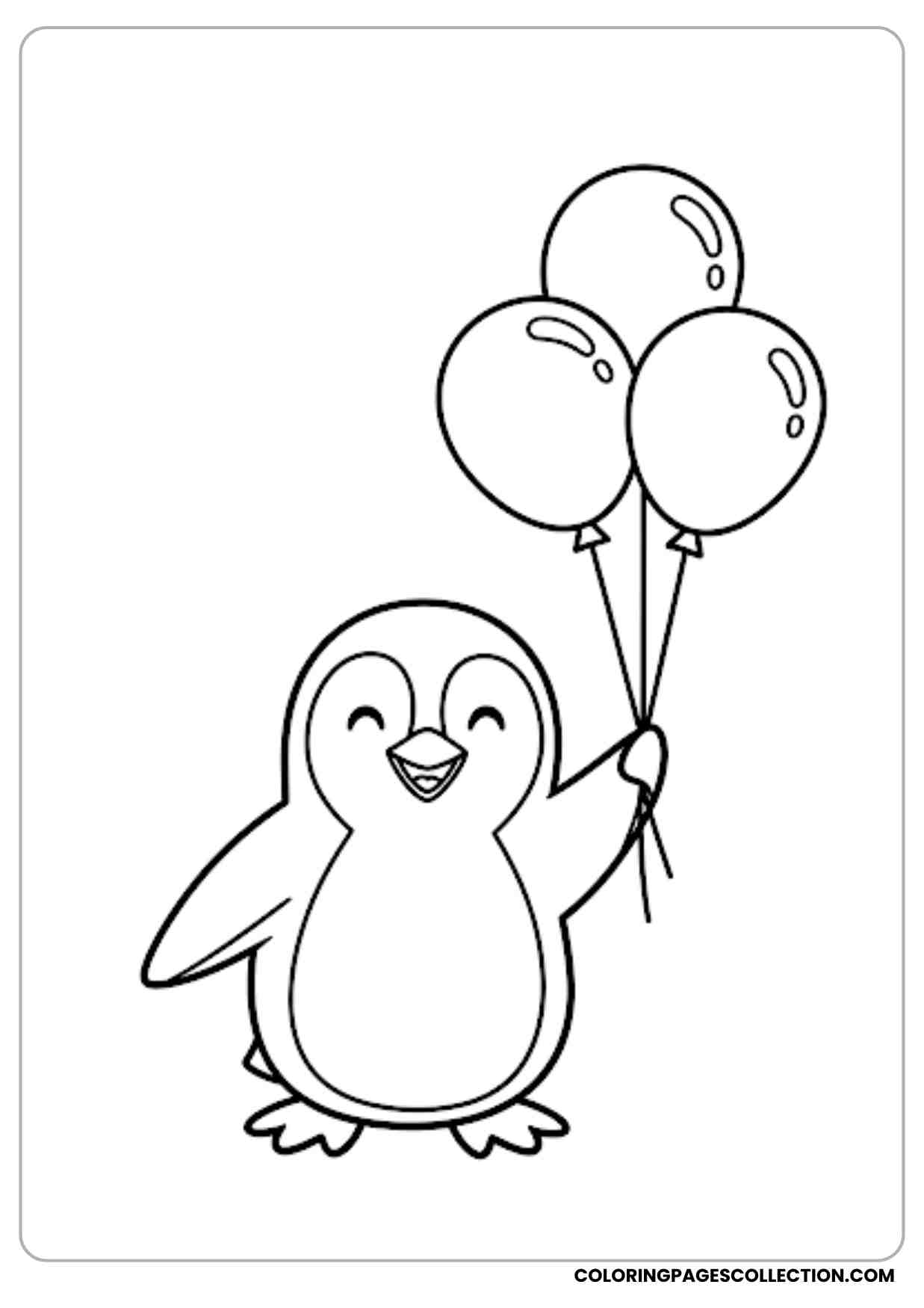 Cute penguin holding 3 balloons in its flippers floating slightly