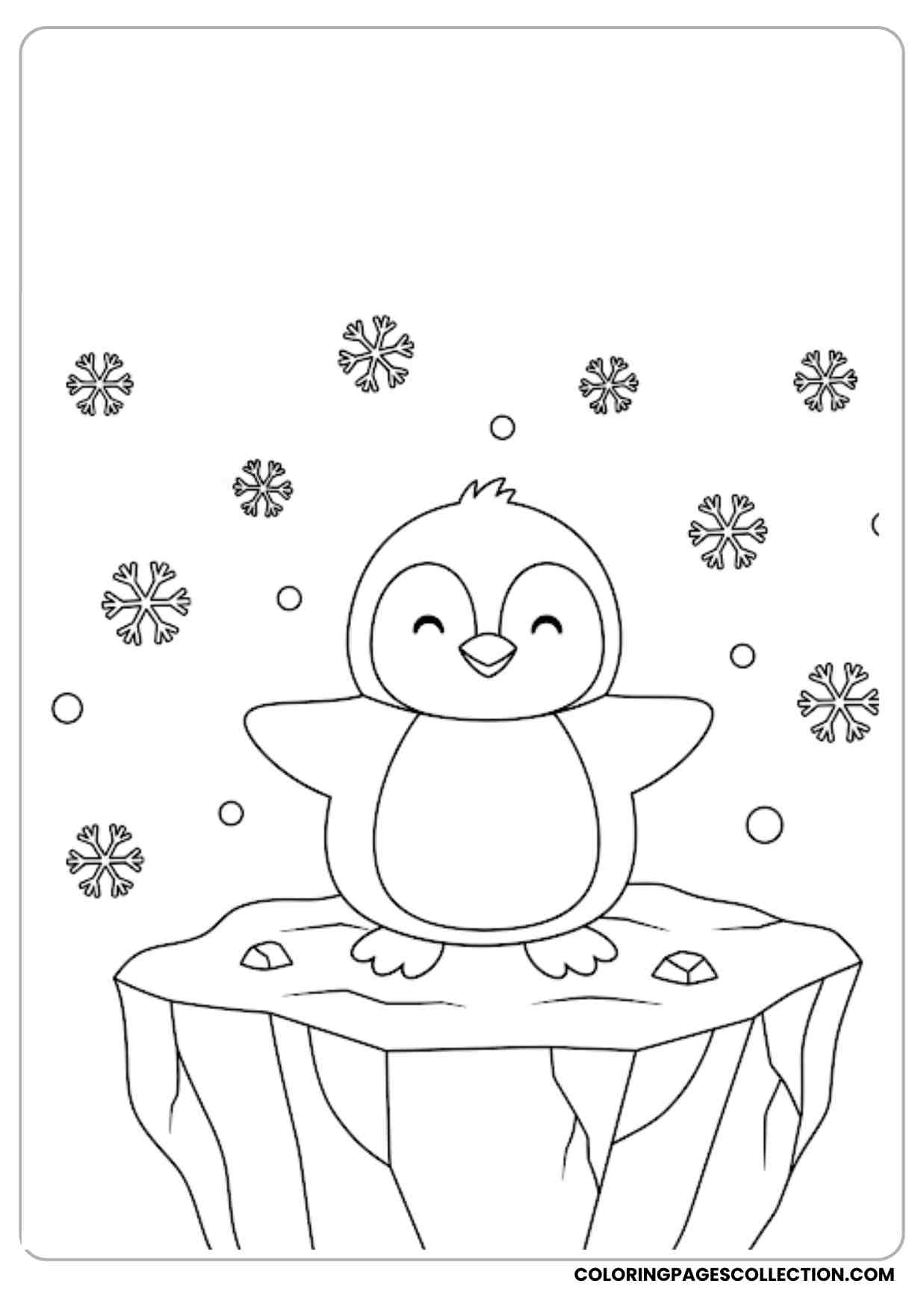 Cute penguin standing happily on an iceberg with snowflakes around