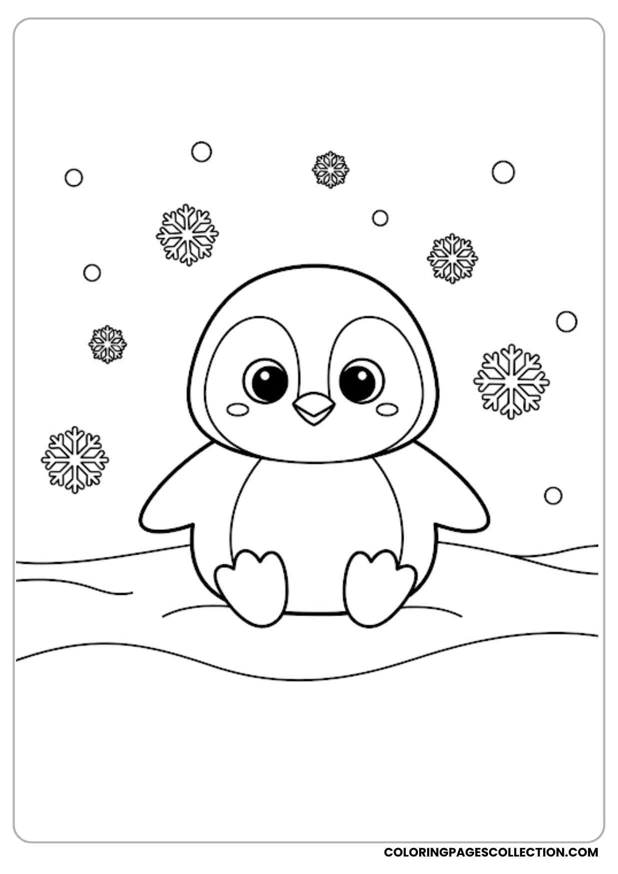 Adorable penguin sitting on snowy ground snowflakes falling around