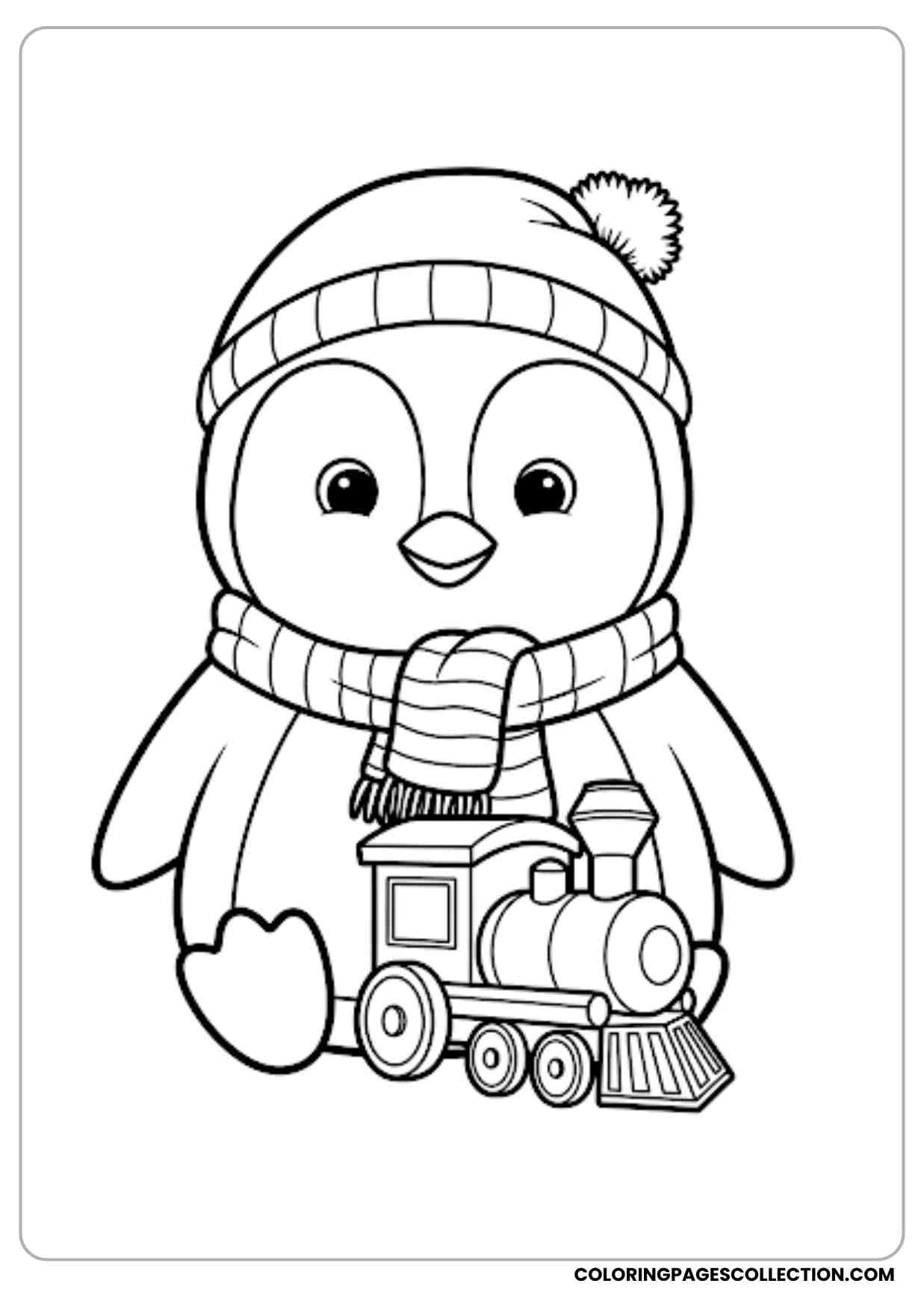 Smiling penguin sitting with a toy train in front playful and cute