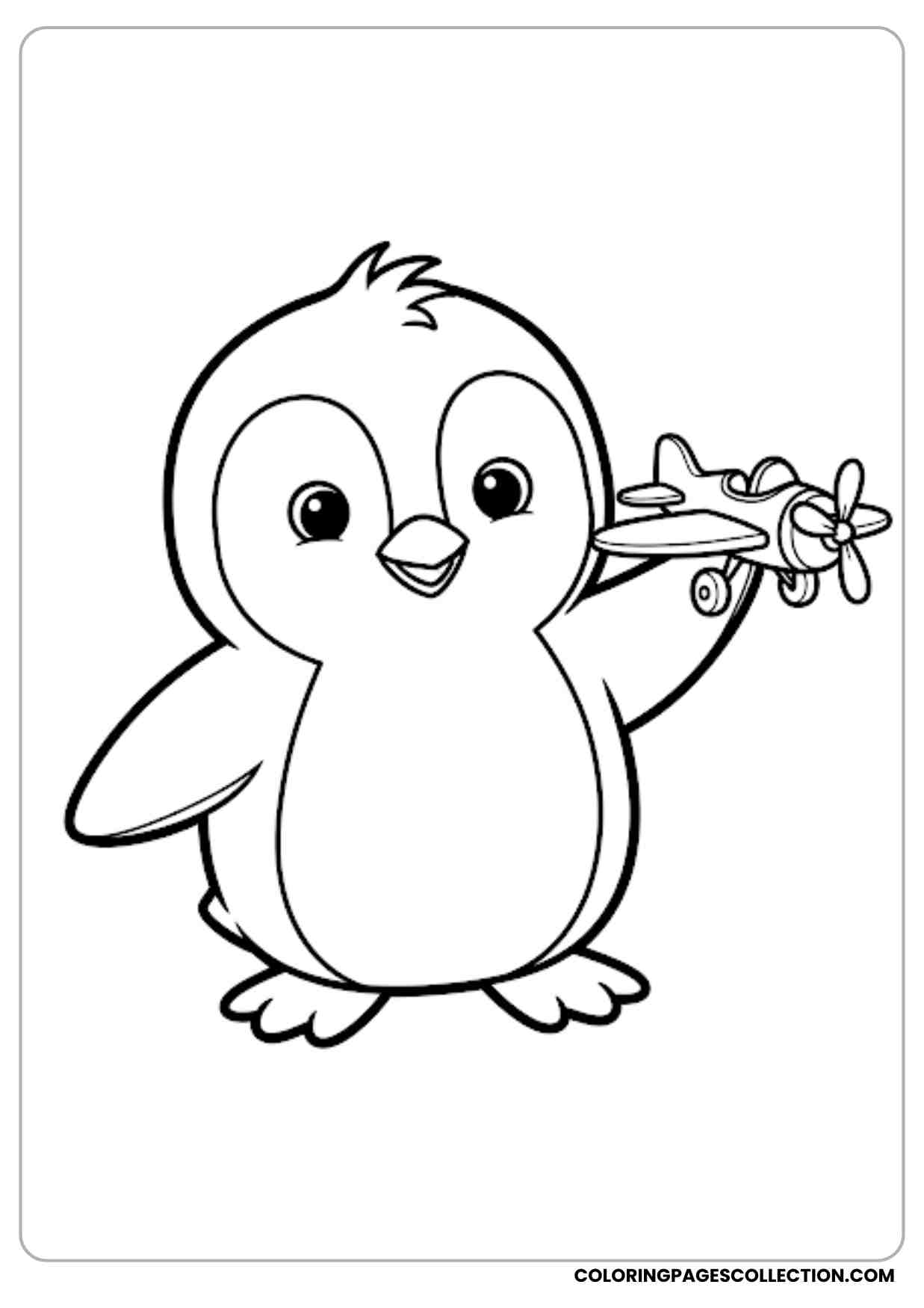Cute penguin holding a toy airplane standing cheerfully outlined