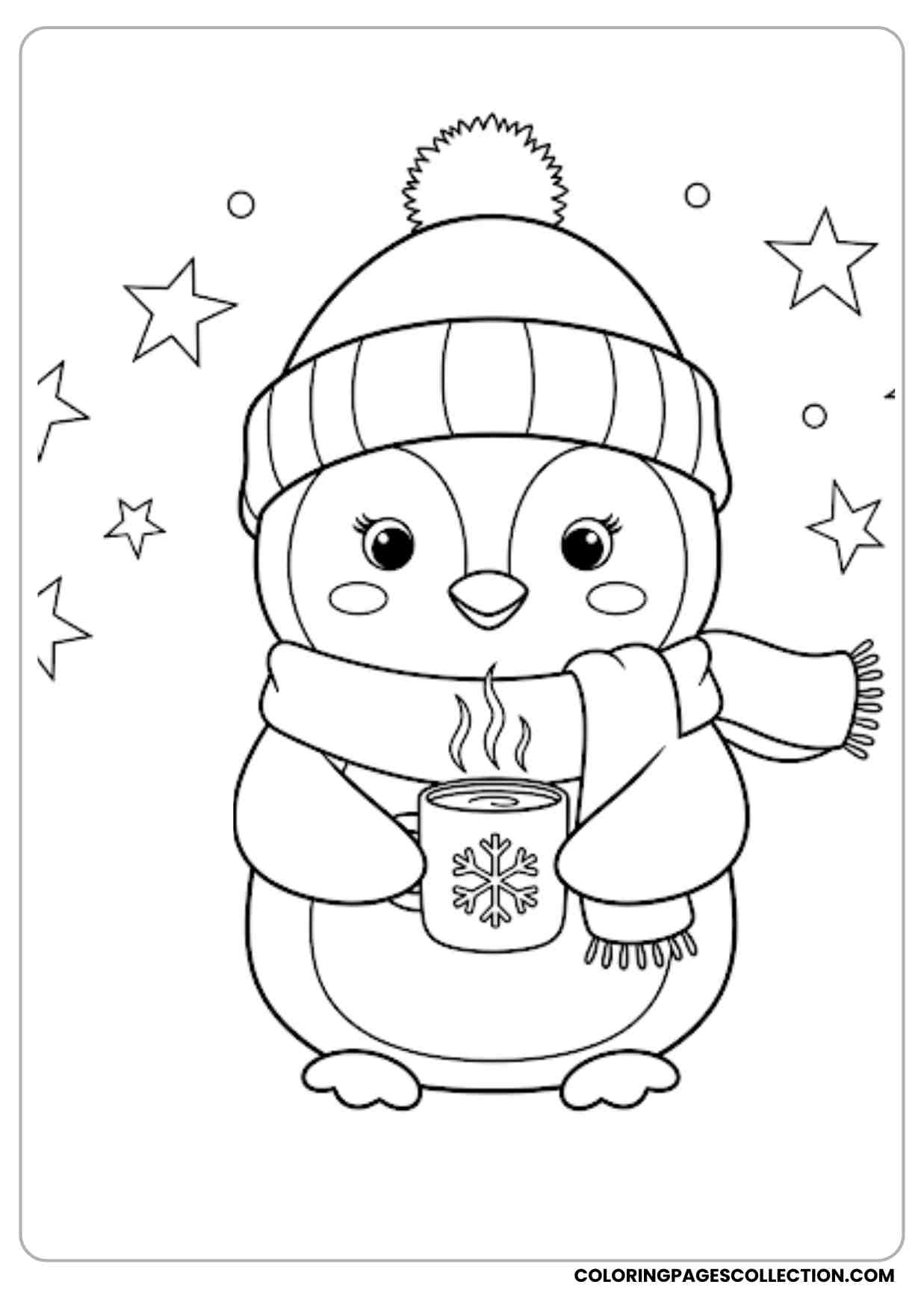 A cute cartoon penguin wearing a winter hat with a pom-pom and a cozy scarf smiling and holding a steaming mug with a snowflake design on it