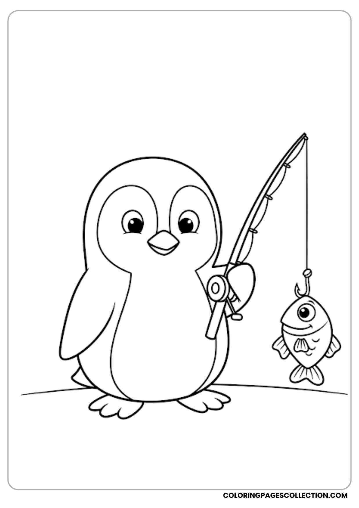 A cute cartoon penguin standing on the ground holding a fishing rod with a smiling fish on the hook