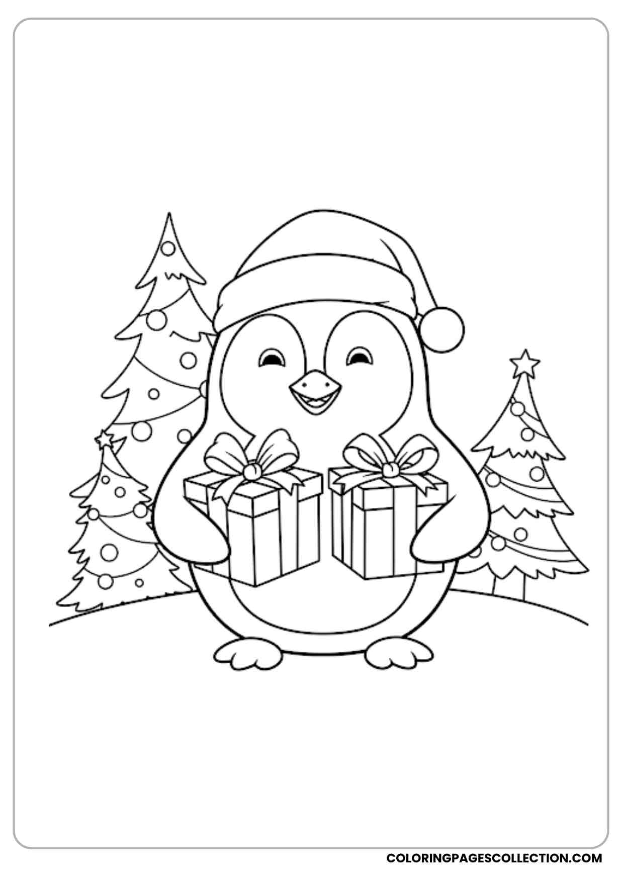 Happy penguin holding Christmas gifts with festive trees behind outlined