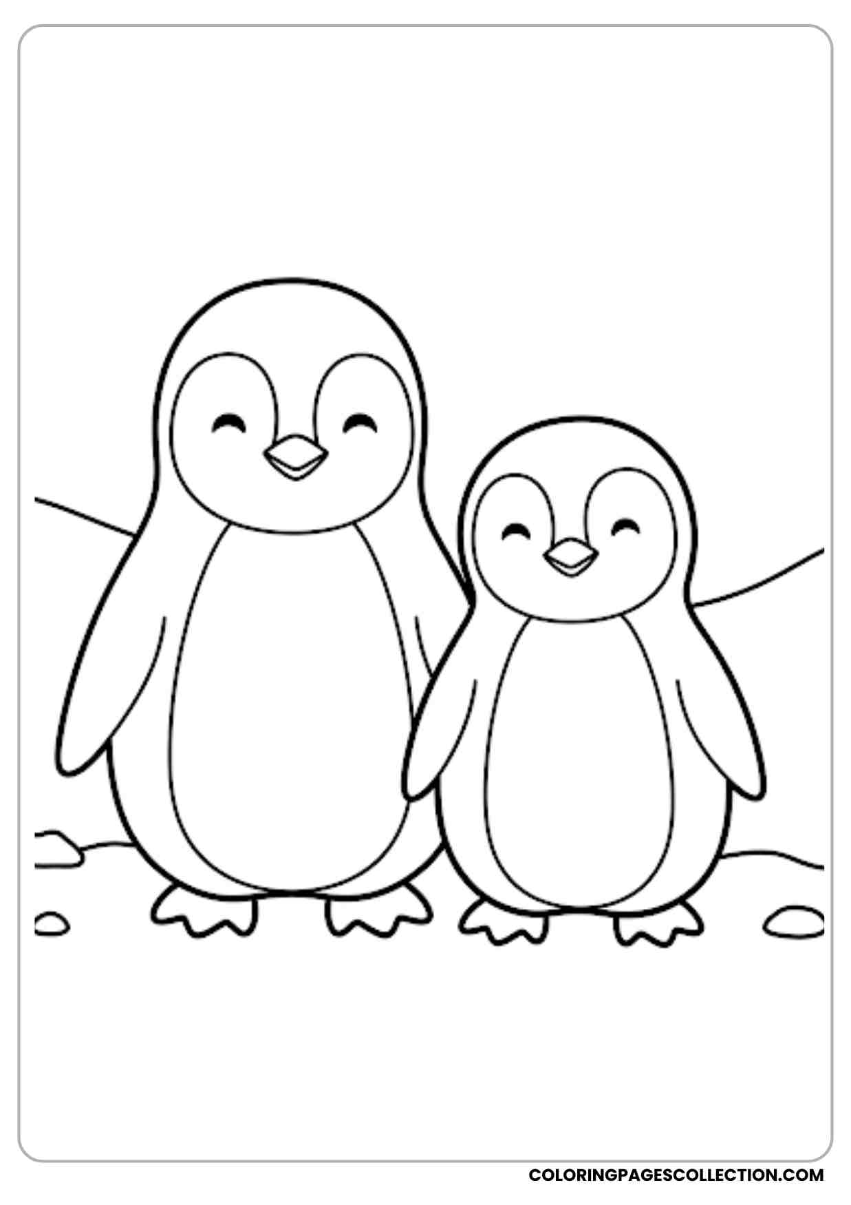 cute two penguins outlined style black and white coloring sheet for kids