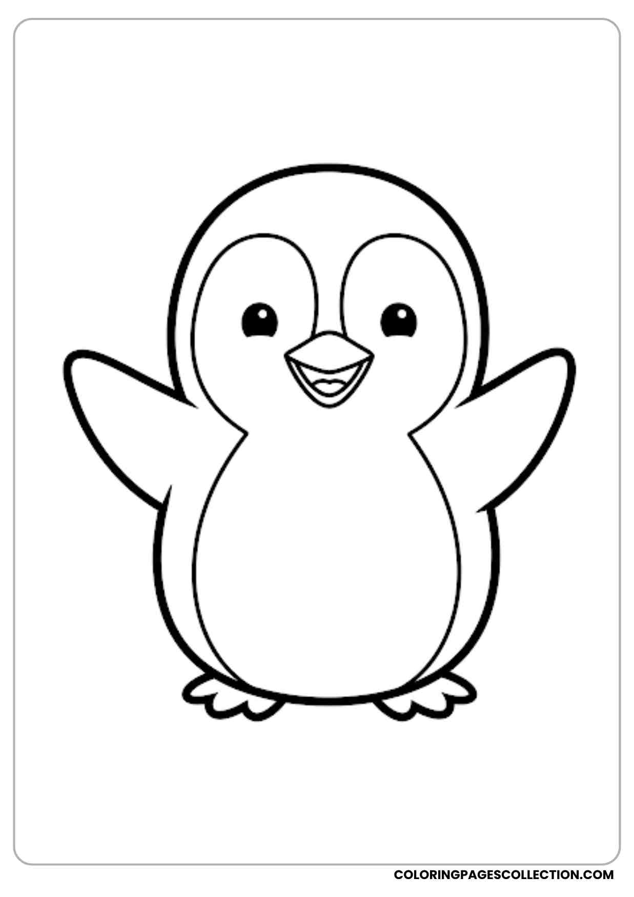 Smiling penguin standing with wings open clean cartoon outline round body easy coloring page for children