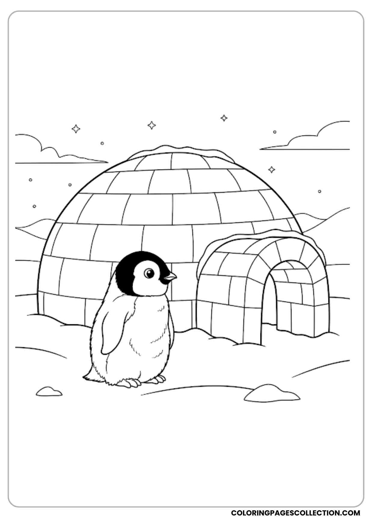 Cute penguin standing in front of a big igloo snowy ground beneath outlined design