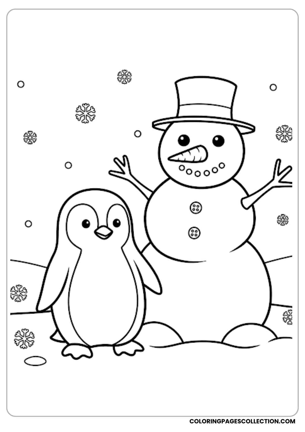 Penguin standing proudly beside a snowman snowy ground and small snowflakes outlined