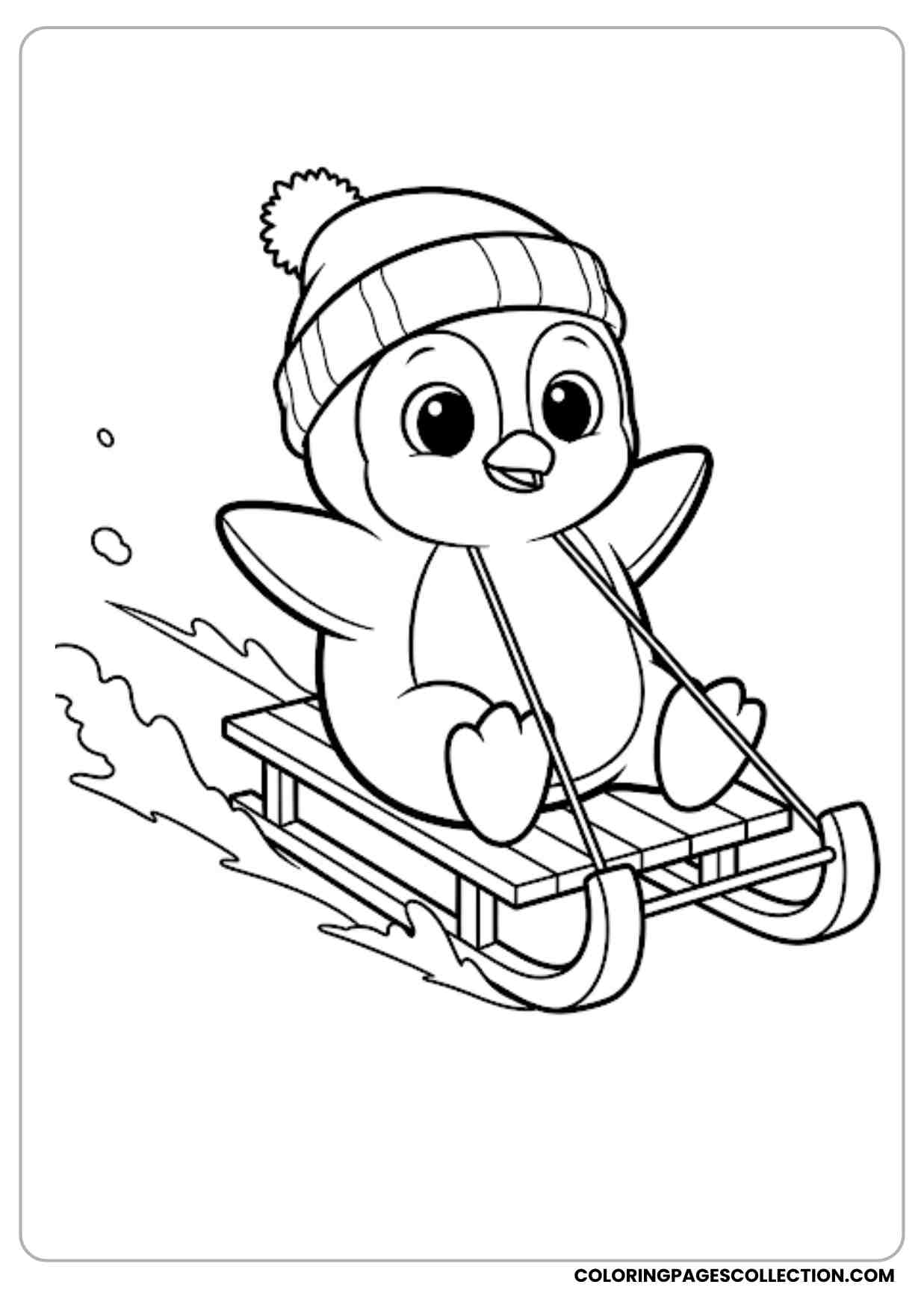 Cute penguin sitting on a sled sliding through snow bold outline