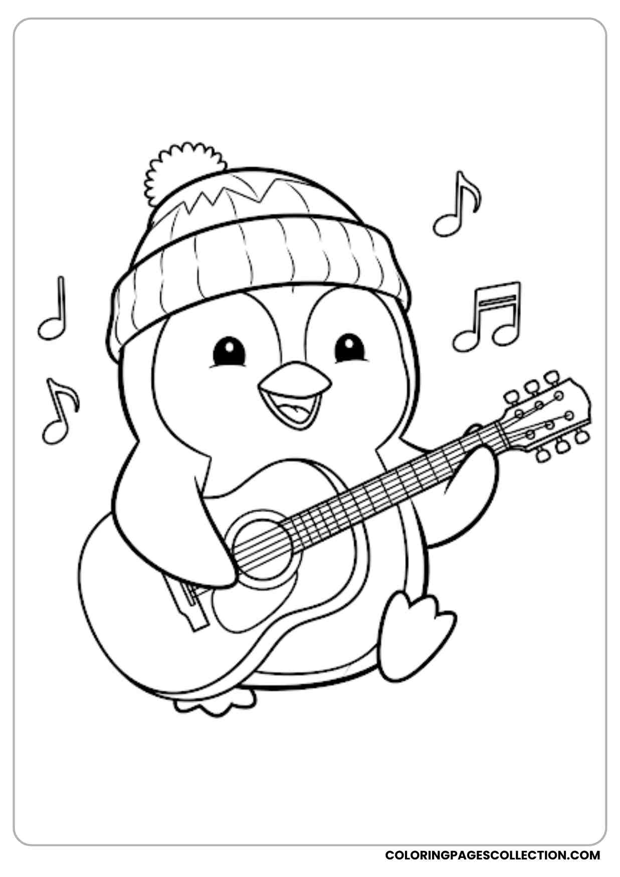 Happy penguin wearing a winter hat while playing guitar music notes floating cartoon outlined drawing coloring page design