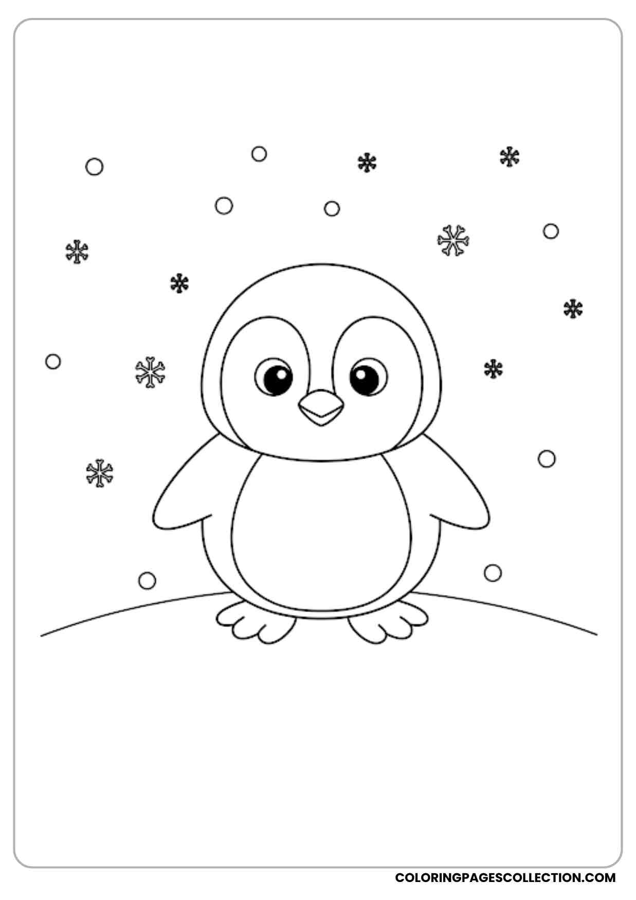 A cute cartoon penguin standing on snowy ground with snowflakes falling around