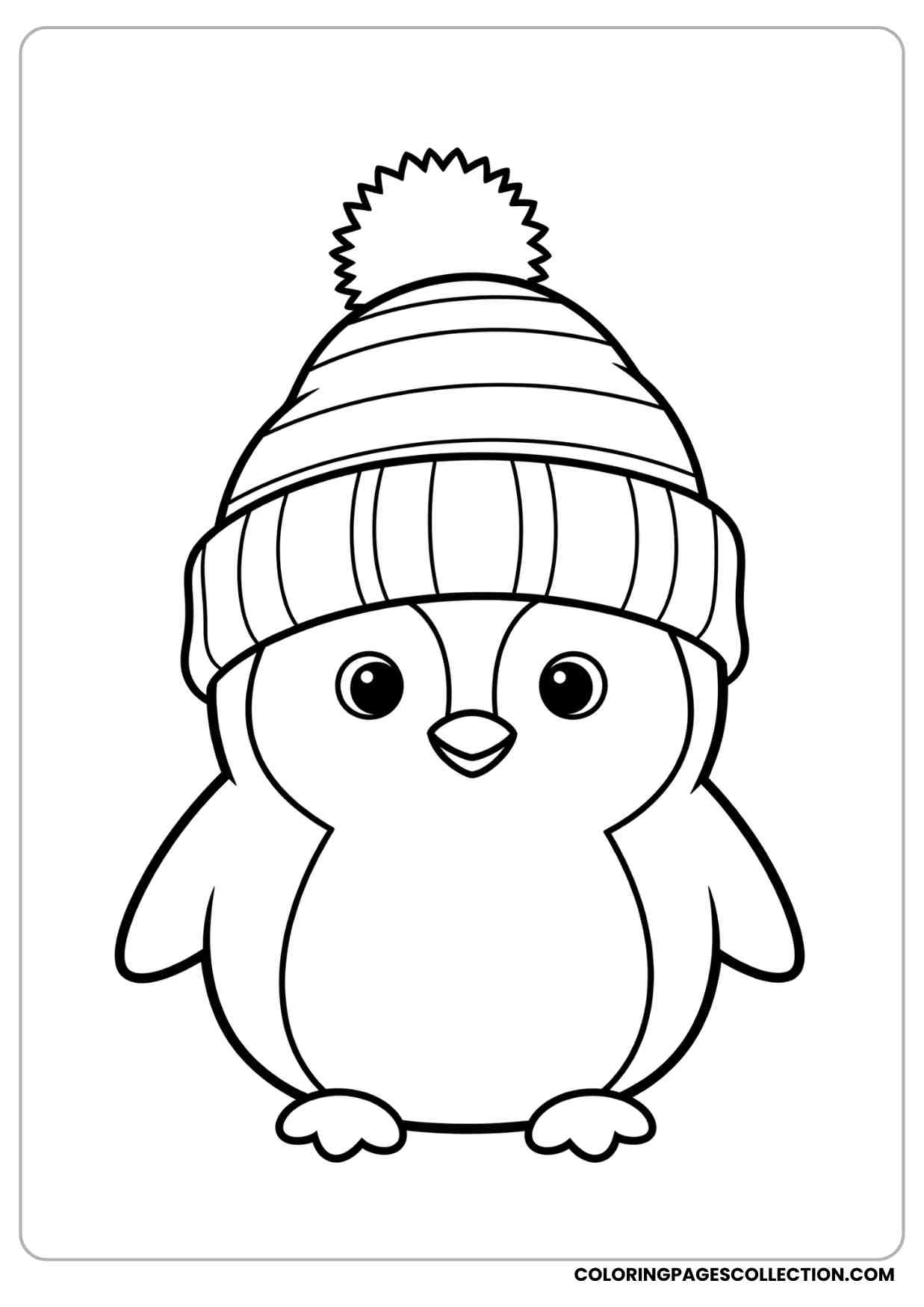 Penguin coloring page with big winter hat and pom-pom cute face with round eyes bold