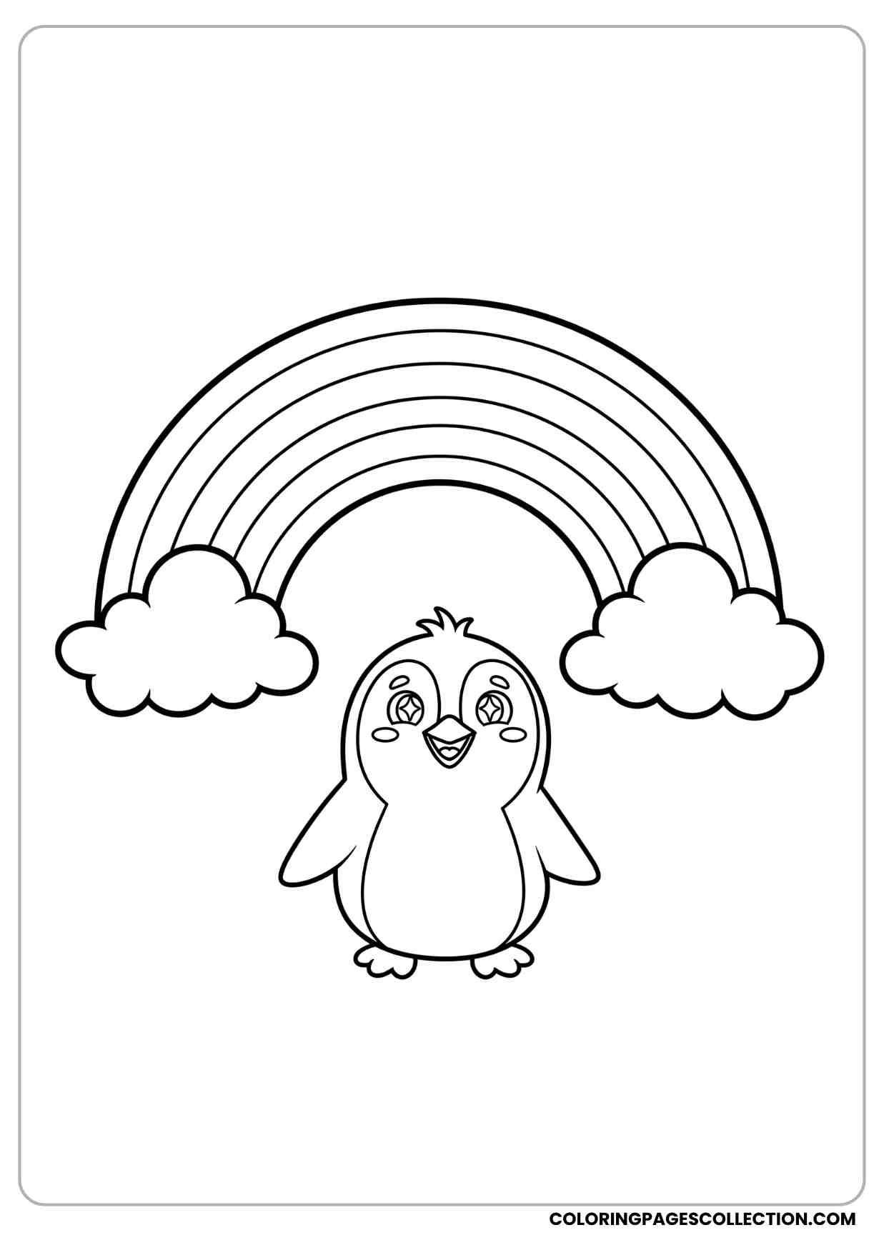 Cartoon penguin coloring page standing under rainbow with clouds cheerful expression