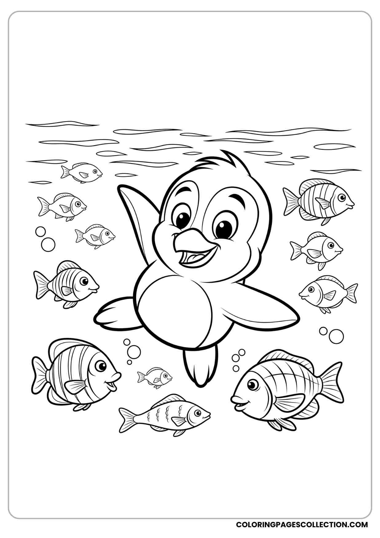 Cartoon penguin coloring page swimming in water surrounded by fish playful expression black and white line art white background