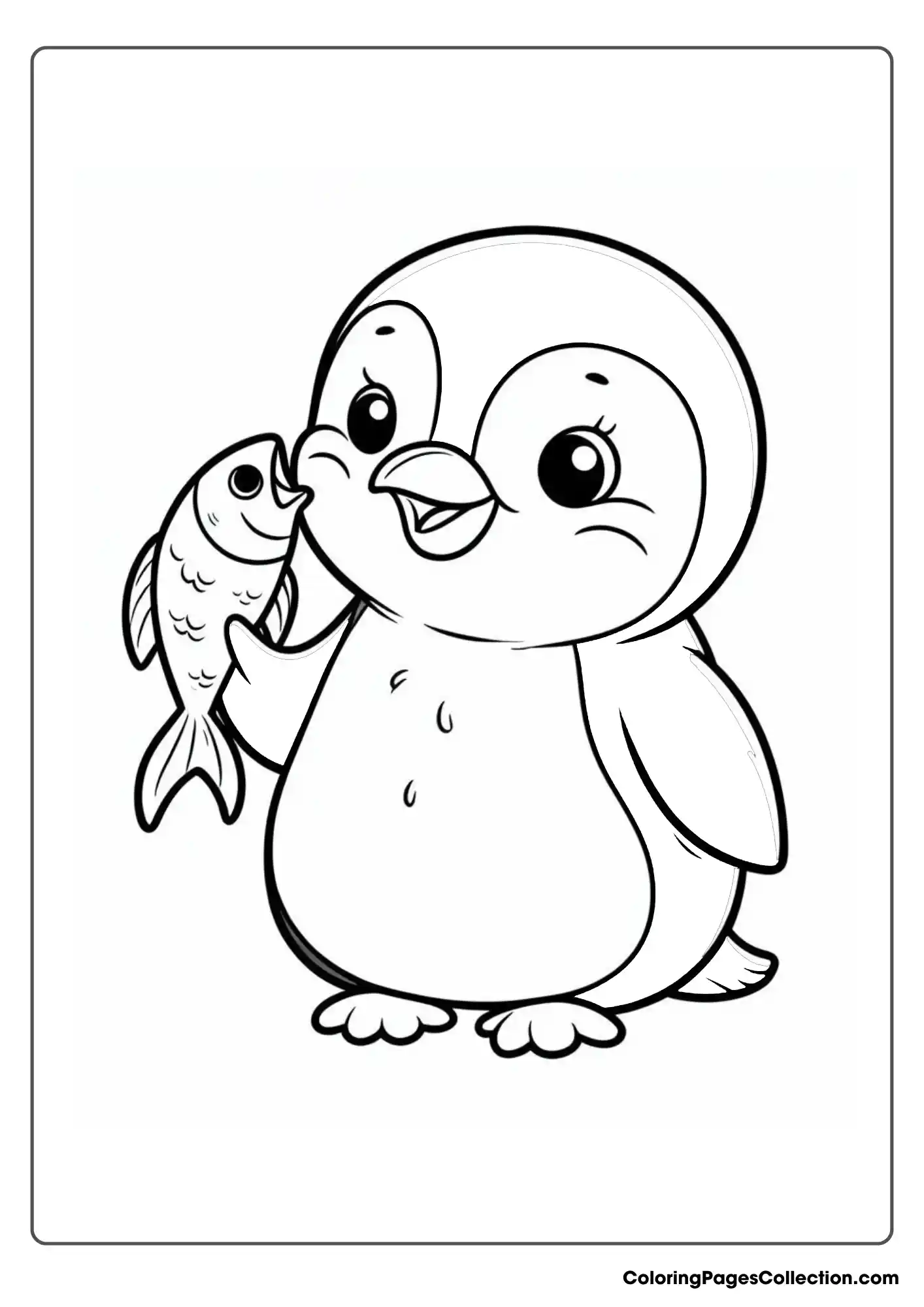 A penguin holding a fish in its beak
