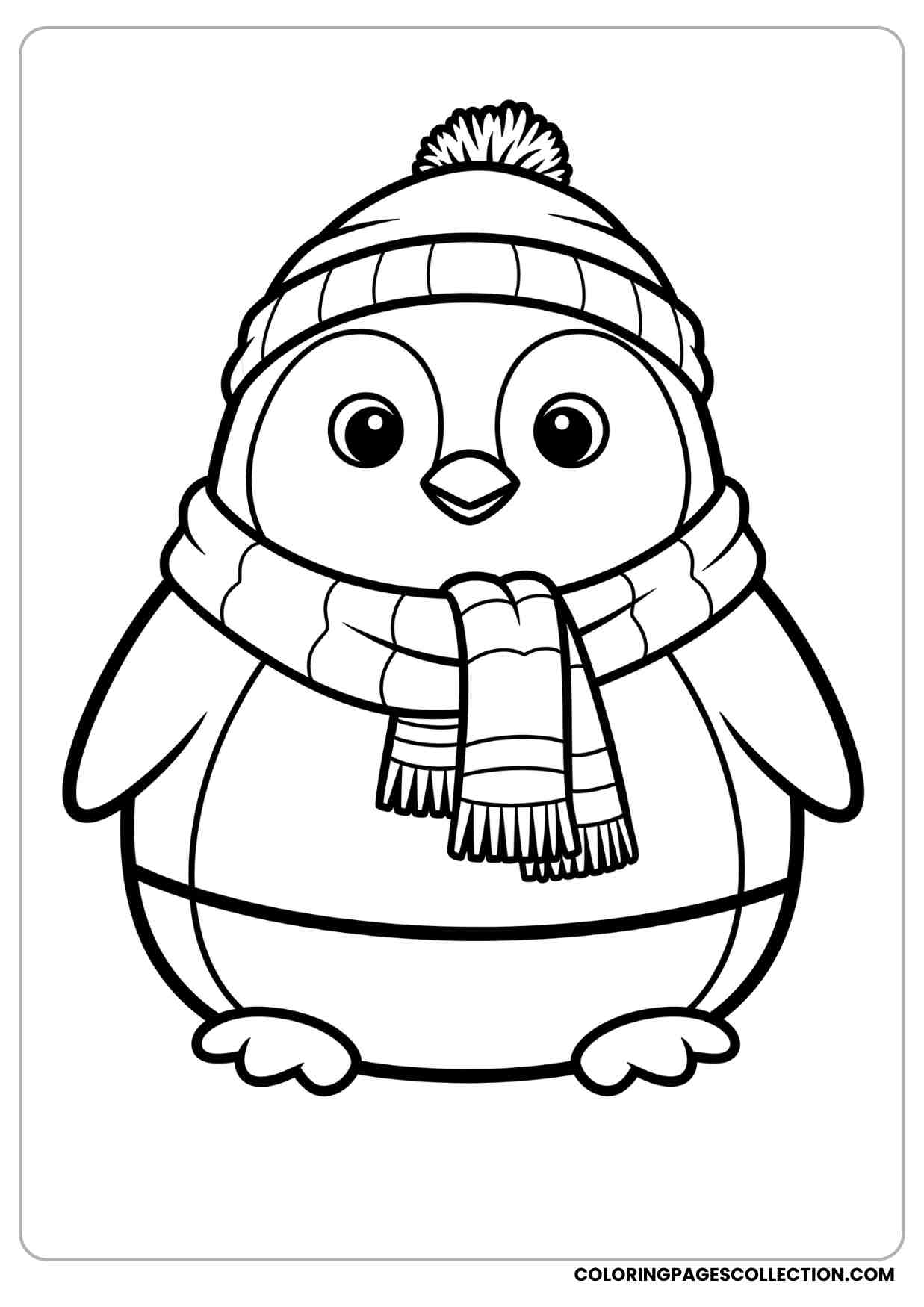 Chubby penguin coloring page with big round belly and small flippers cartoon cute style