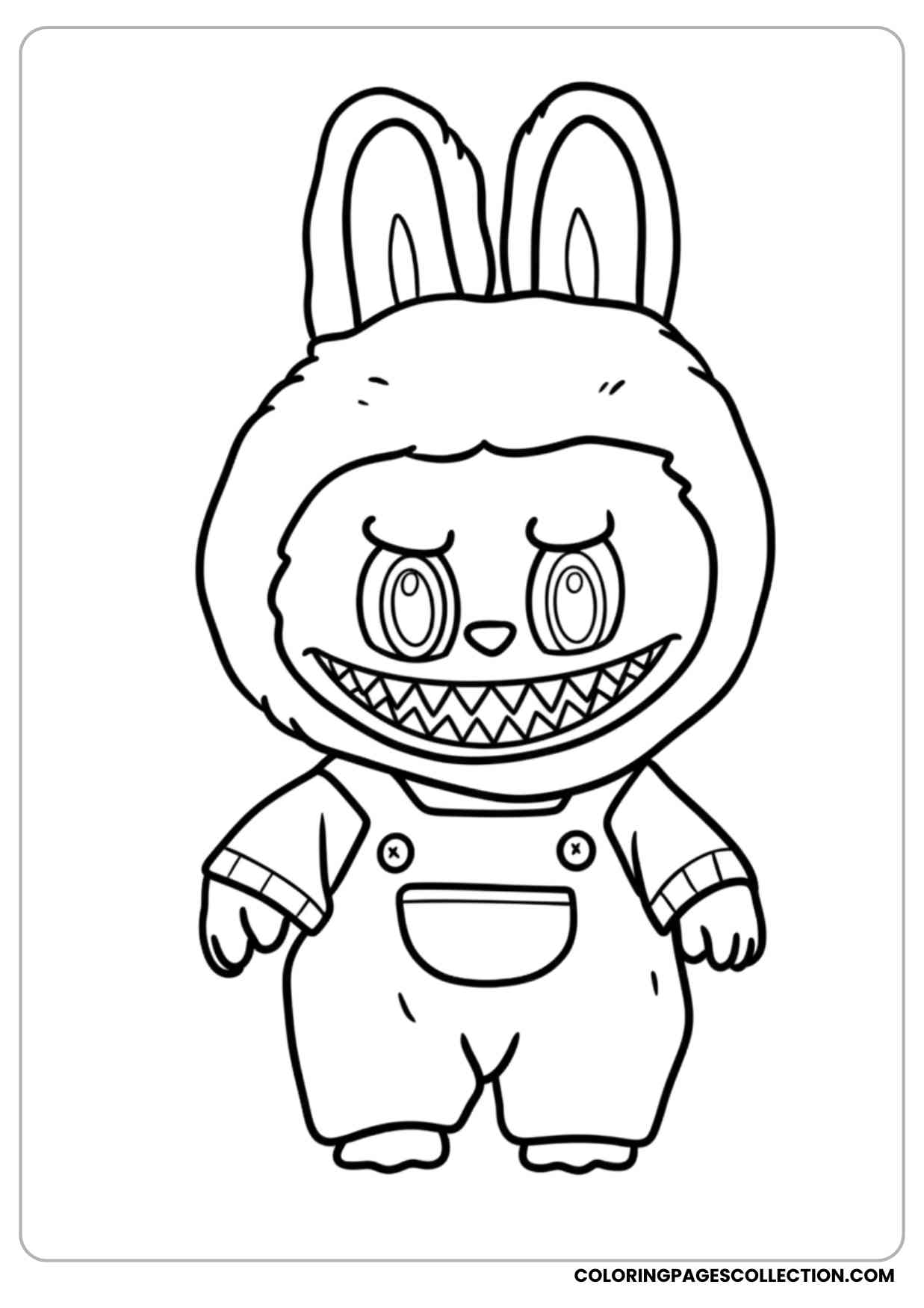 labubu standing with a big smile showing sharp teeth coloring page