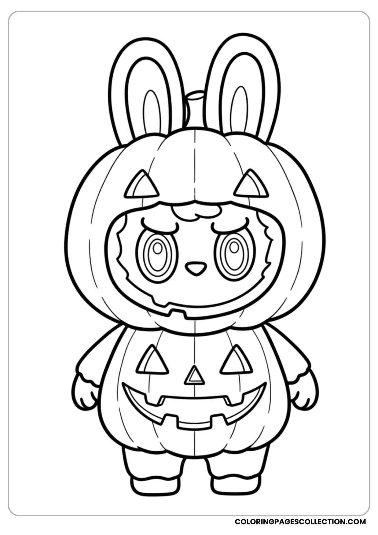 labubu dressed in a pumpkin costume for halloween coloring sheet