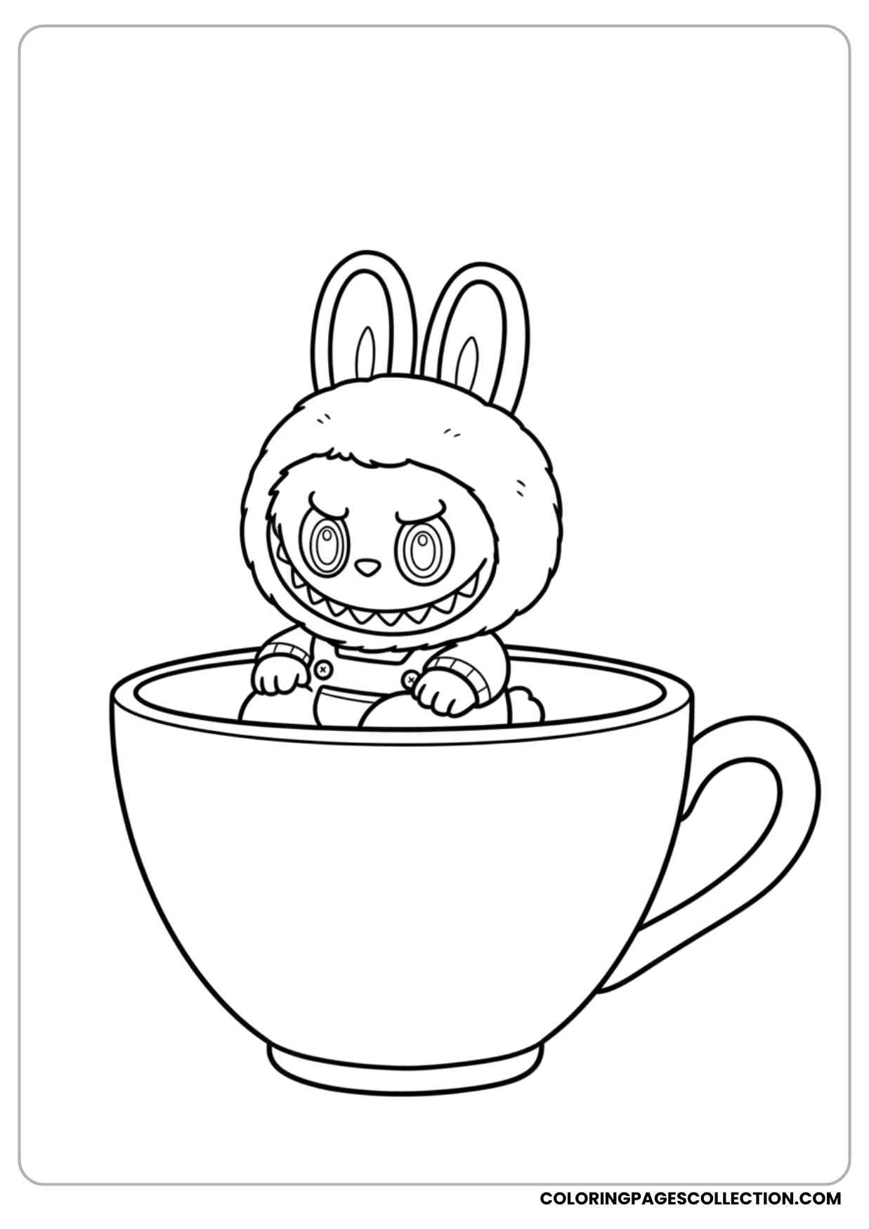 labubu sitting inside a giant teacup smiling coloring page