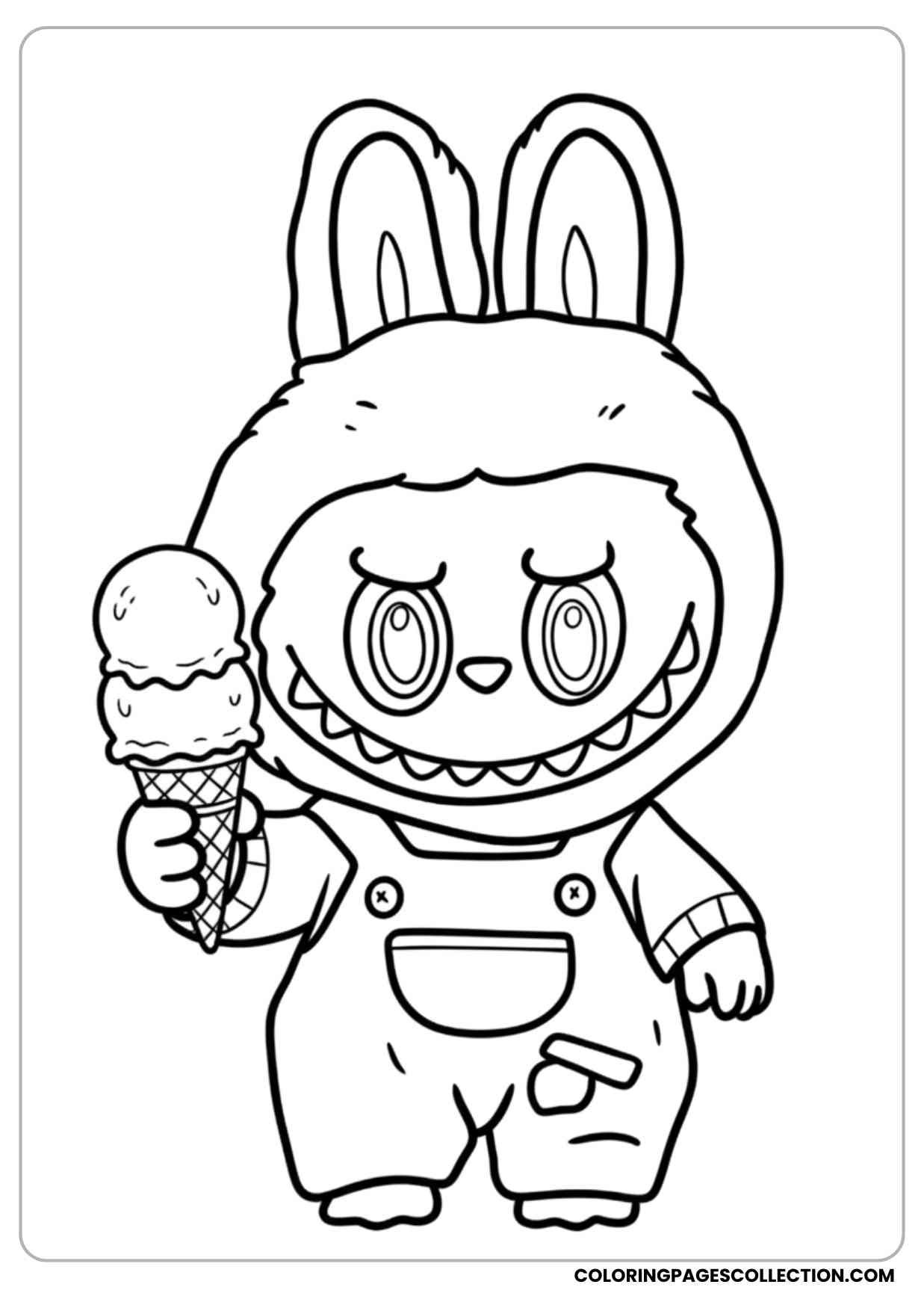 labubu holding an ice cream cone with two scoops coloring page