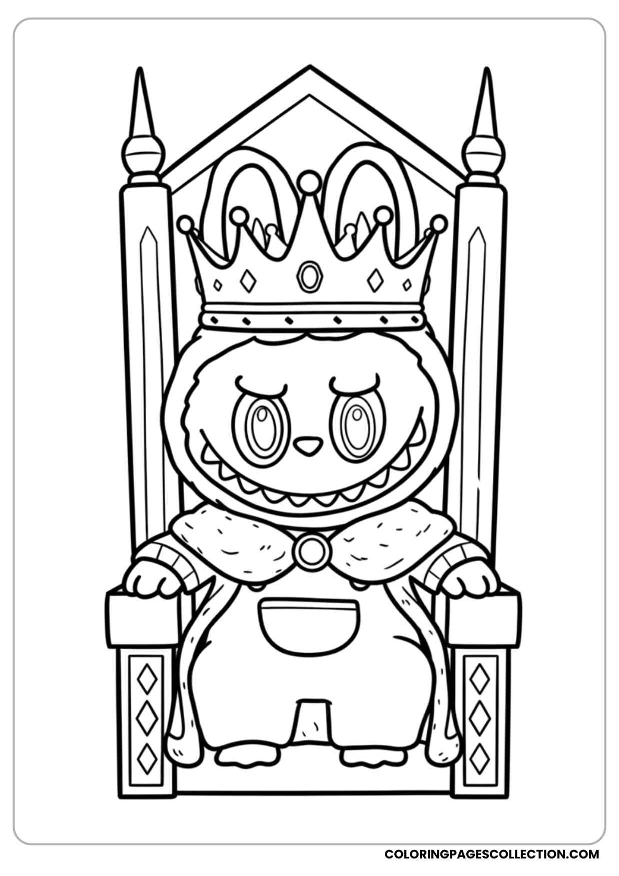 labubu dressed as a king with a crown and throne coloring page