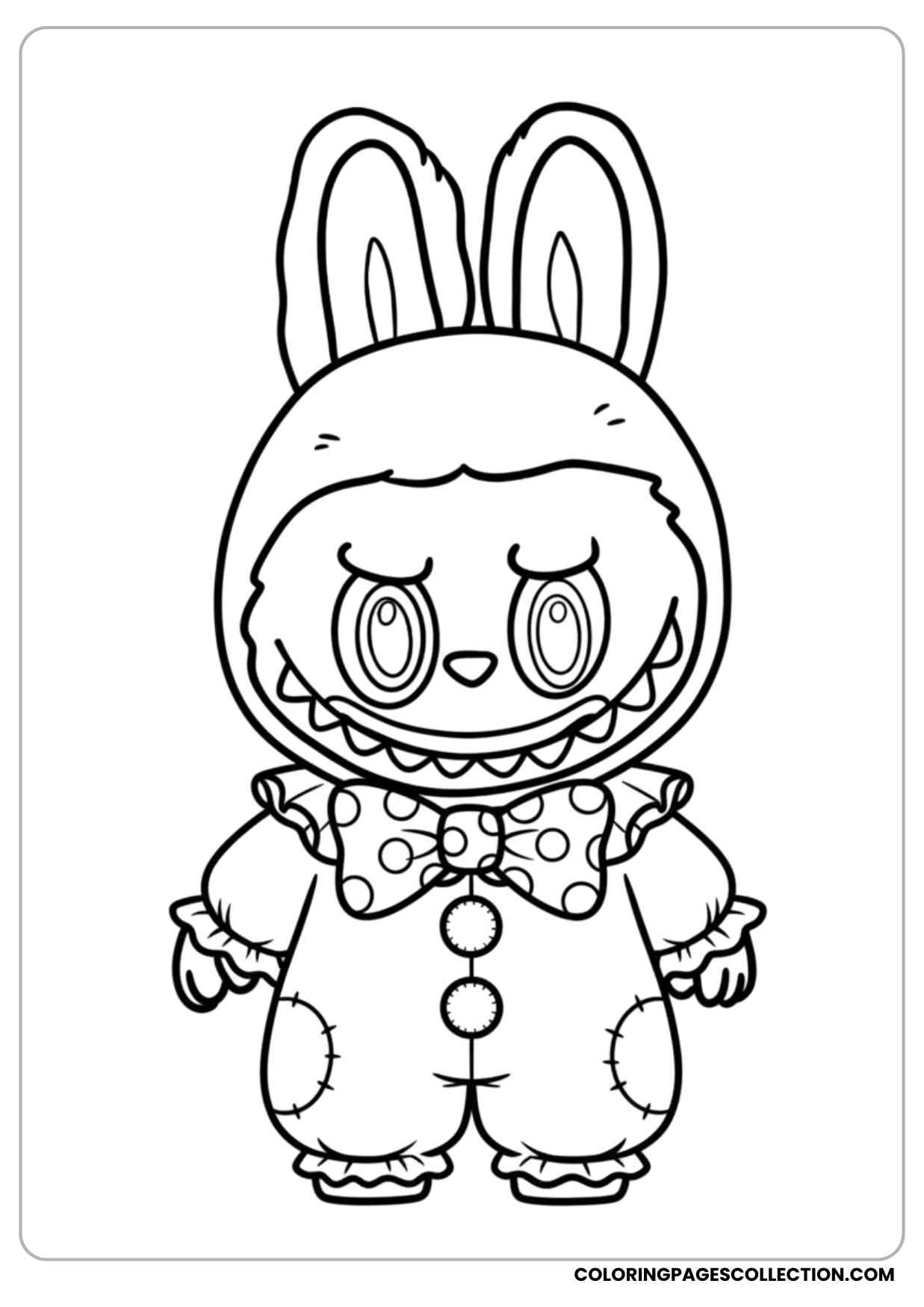 labubu dressed as a clown with a big bow tie coloring page