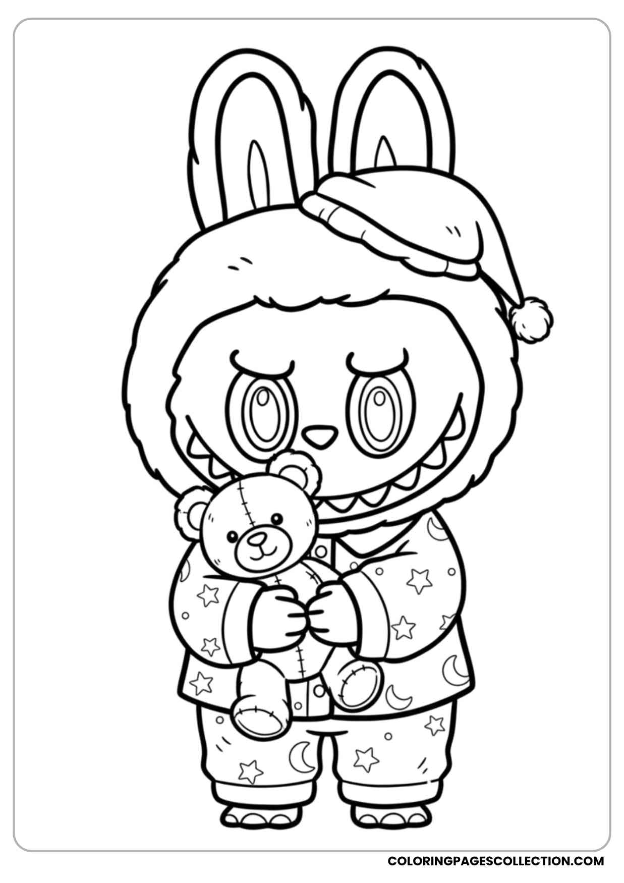 labubu in pajamas holding a teddy bear ready for sleep coloring page