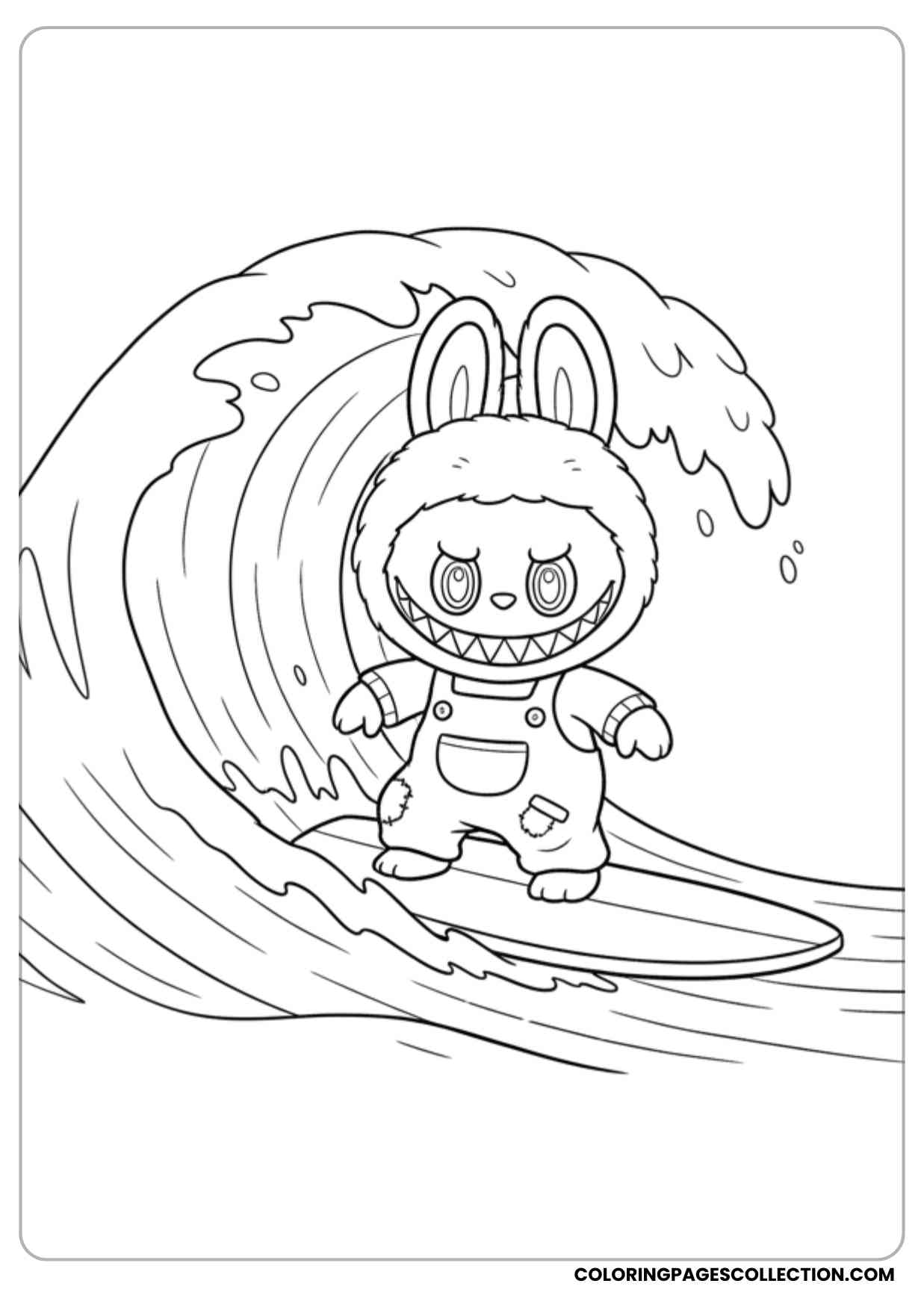 labubu surfing on a wave with a big smile coloring page